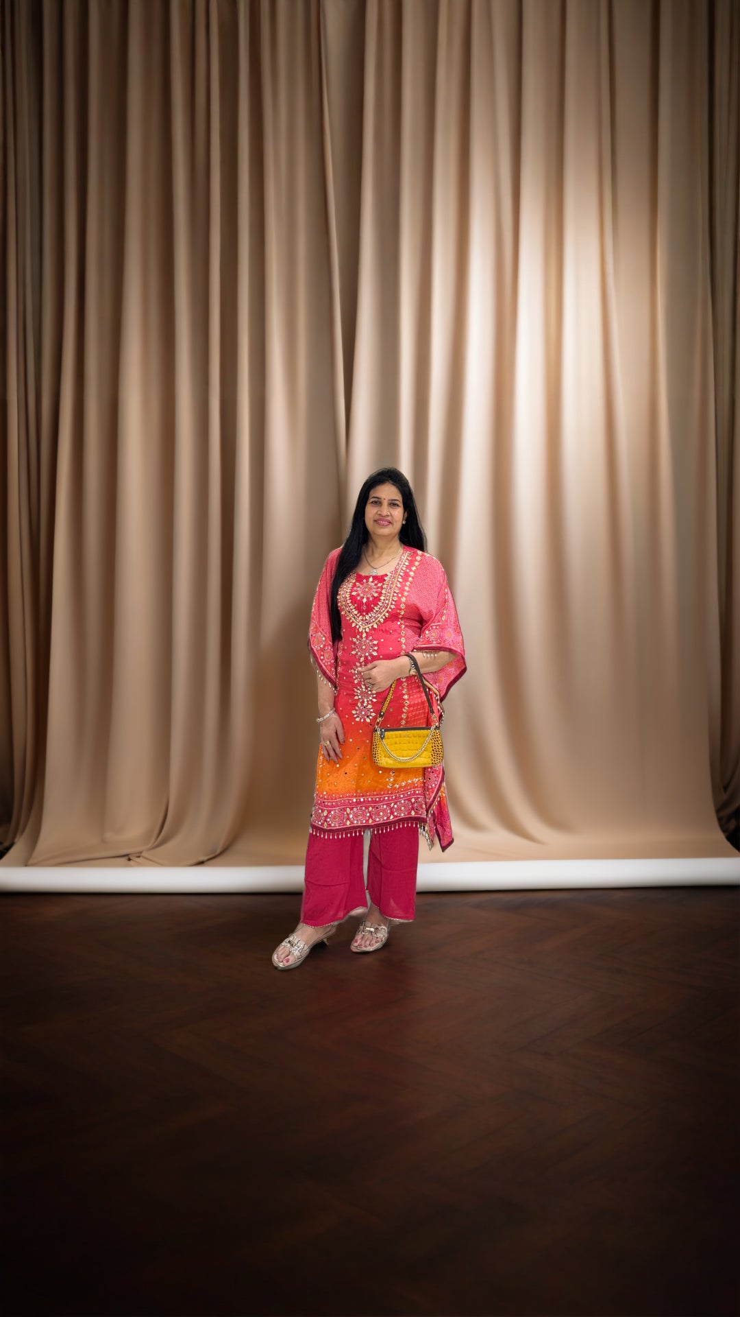 Vibrant Pink & Orange Hand-Embroidered Ombre Kaftan overview