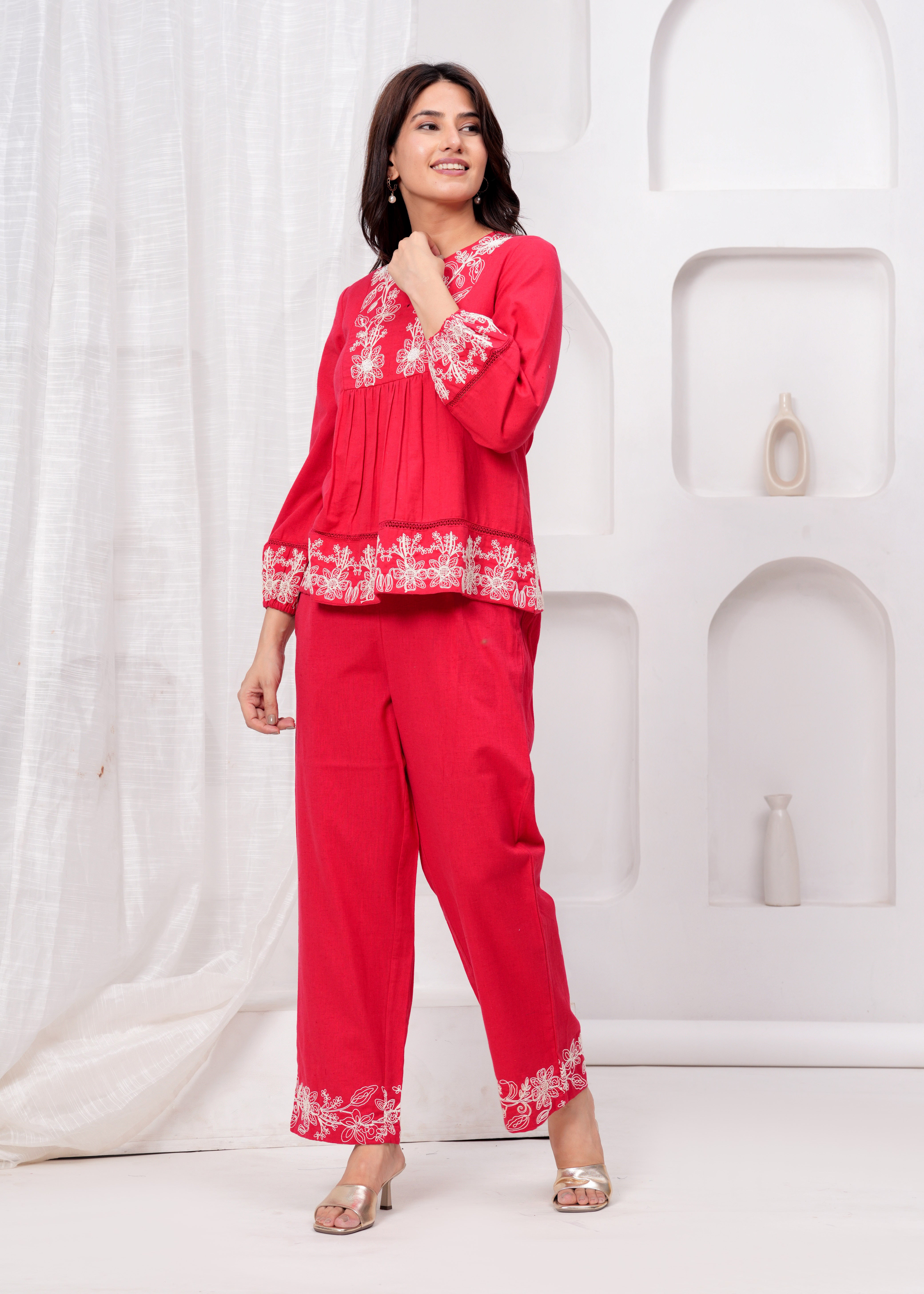 Red Embroidered Co-ord Set with Flared Pants overall