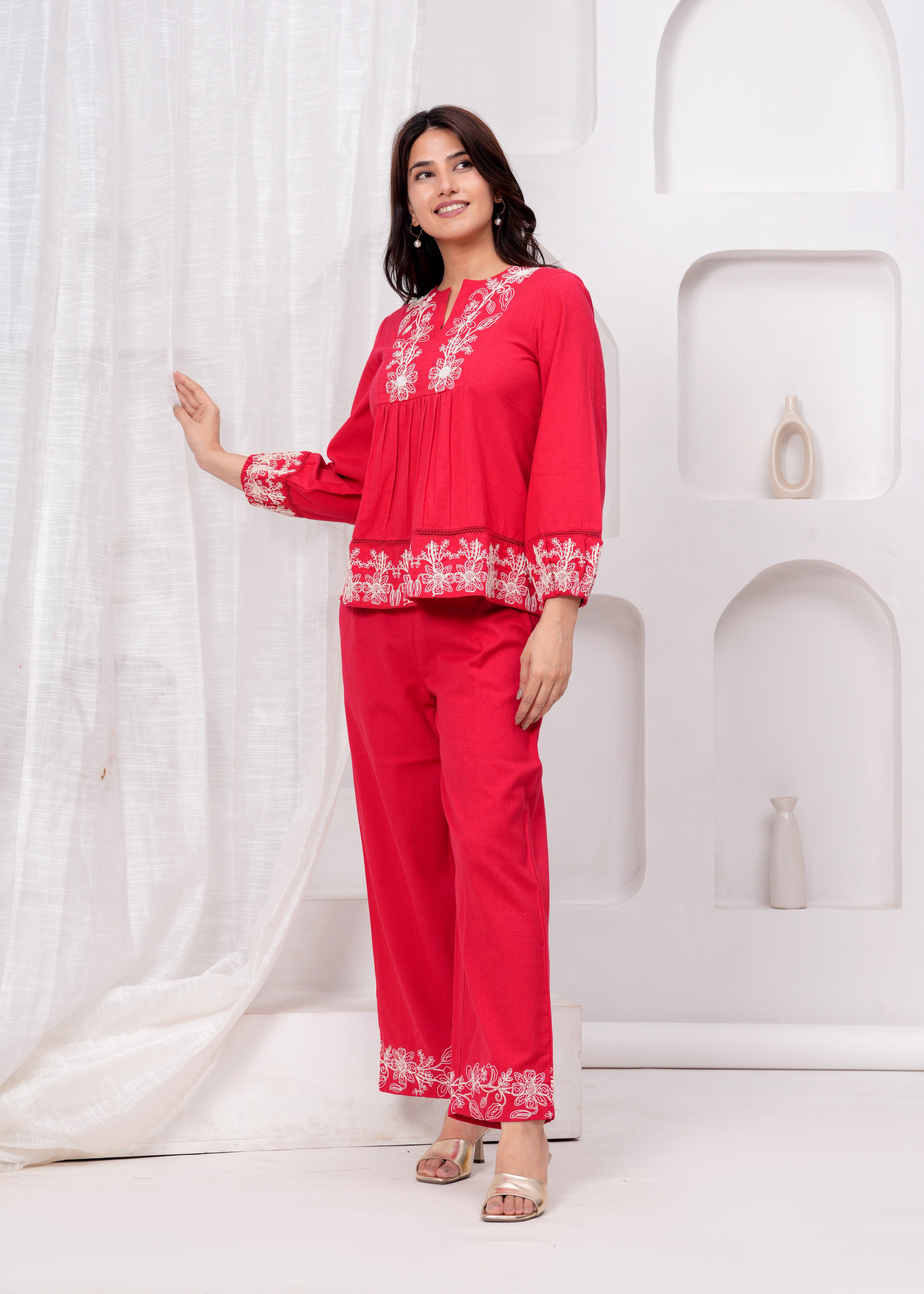 Red Embroidered Co-ord Set with Flared Pants side view