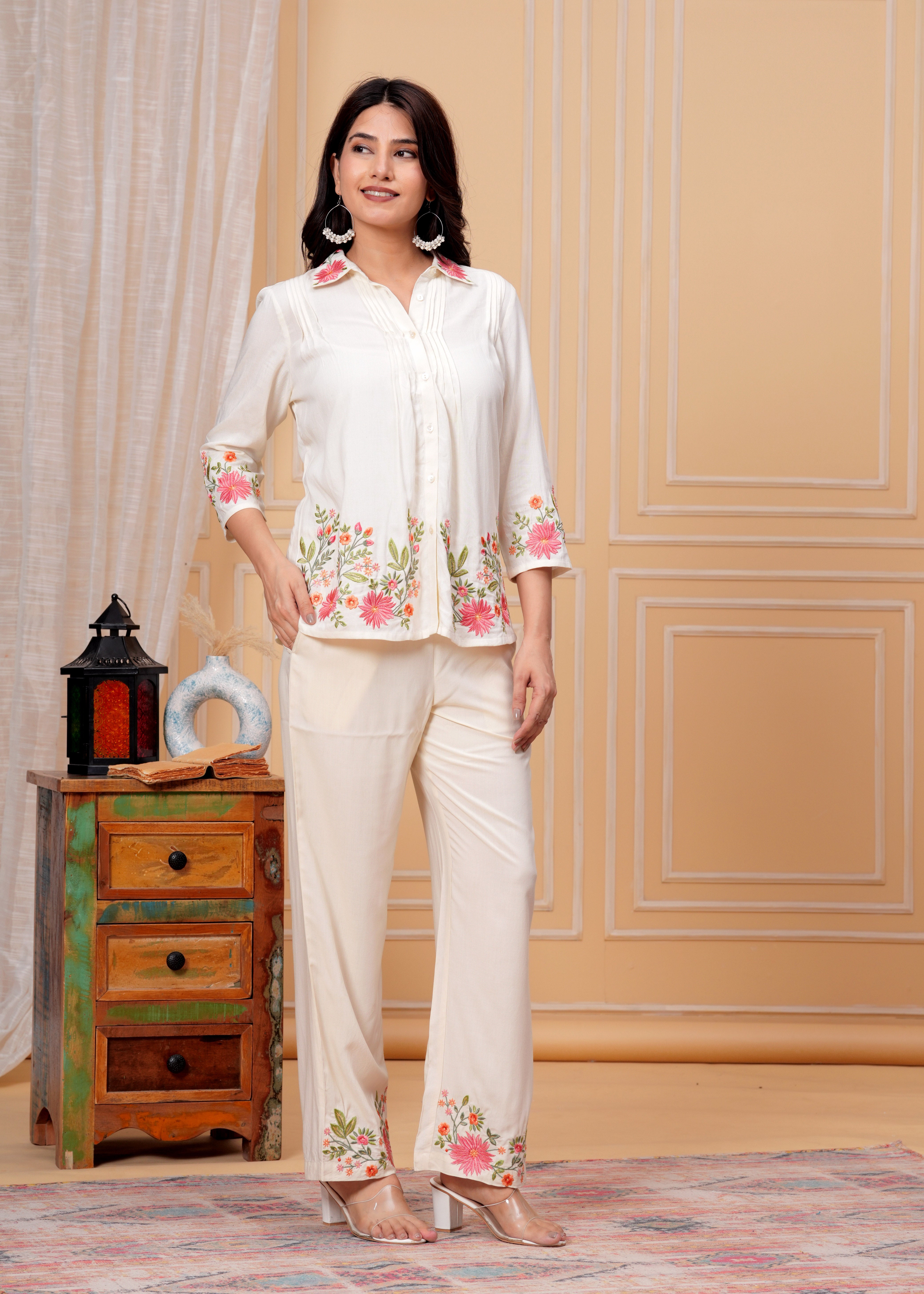 Elegant Cream Floral Embroidered Co-ord Set view