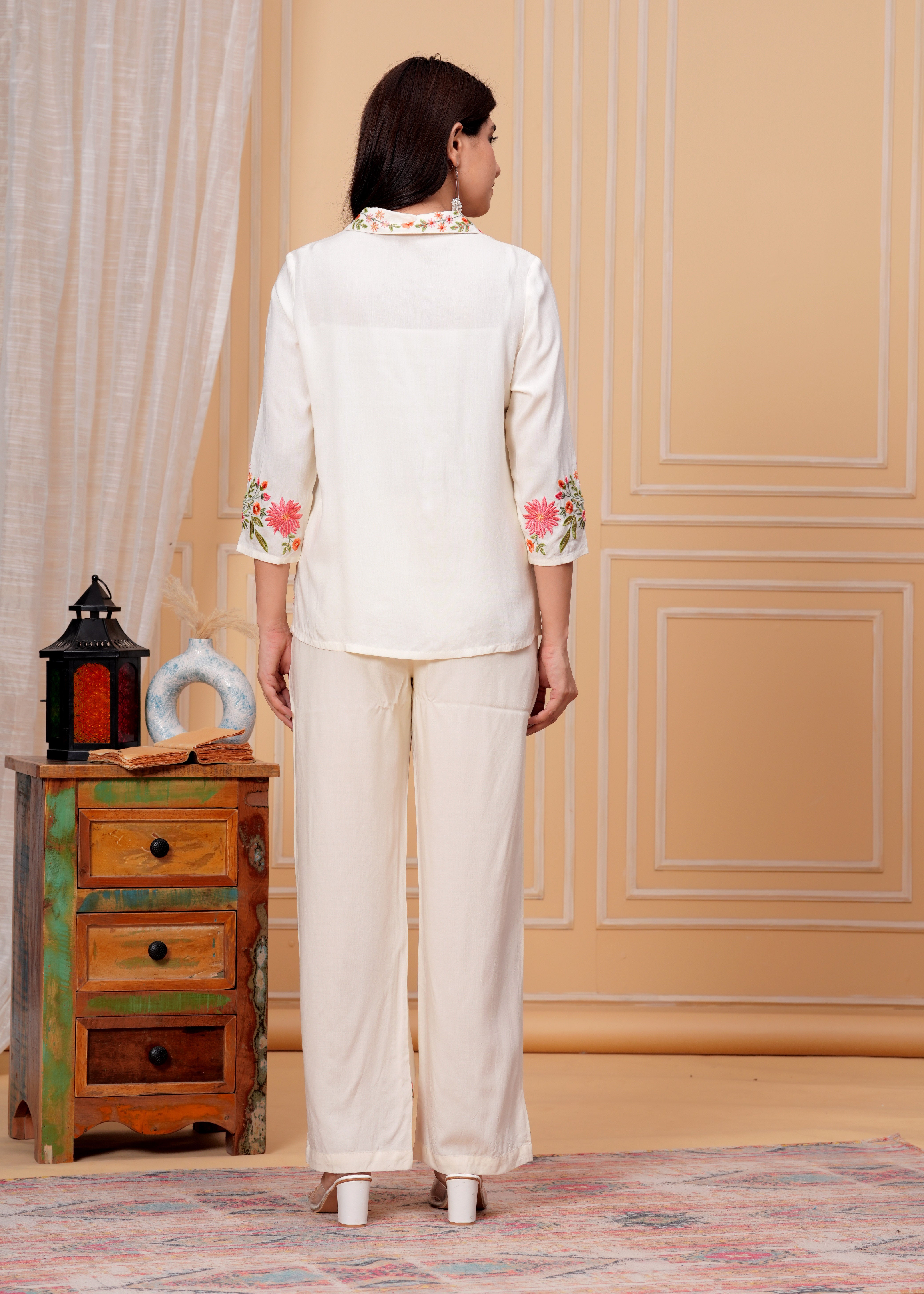 Elegant Cream Floral Embroidered Co-ord Set back view