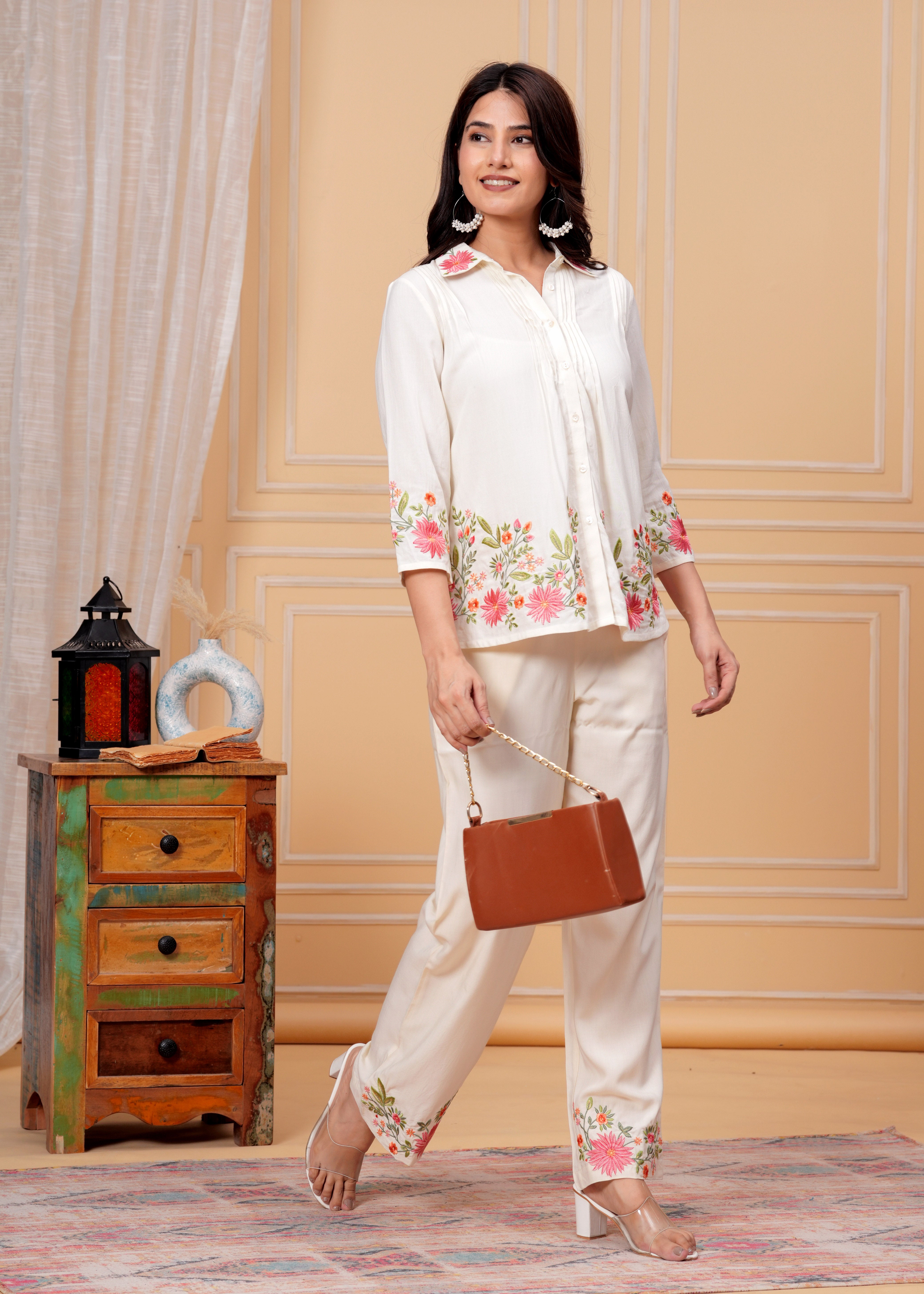 Elegant Cream Floral Embroidered Co-ord Set full view