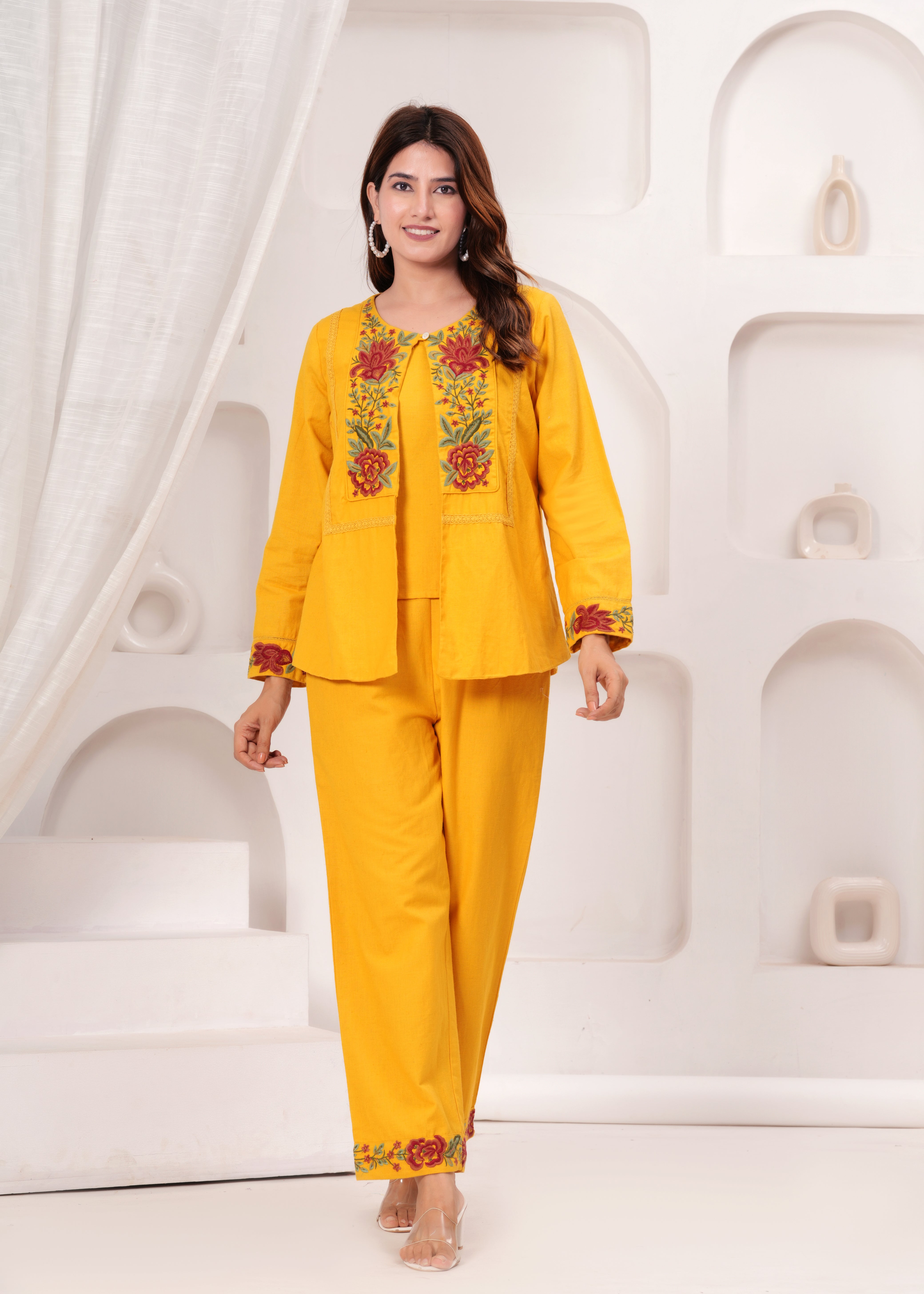 Mustard Floral Embroidered Three-Piece Co-ord Set with Jacket | Elegant Ethnic Wear – House of Olivia front view
