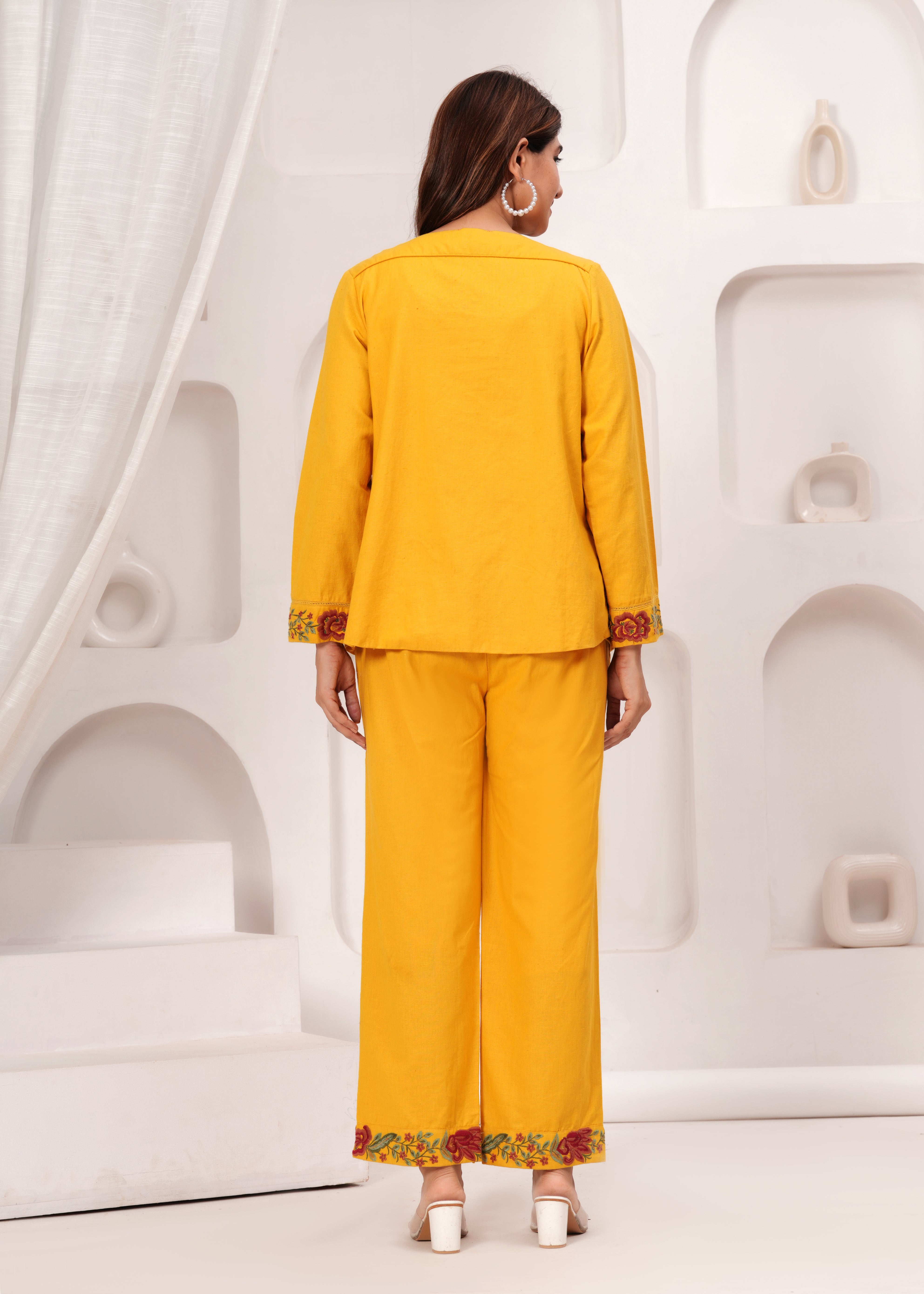 Mustard Floral Embroidered Three-Piece Co-ord Set with Jacket | Elegant Ethnic Wear – House of Olivia back view