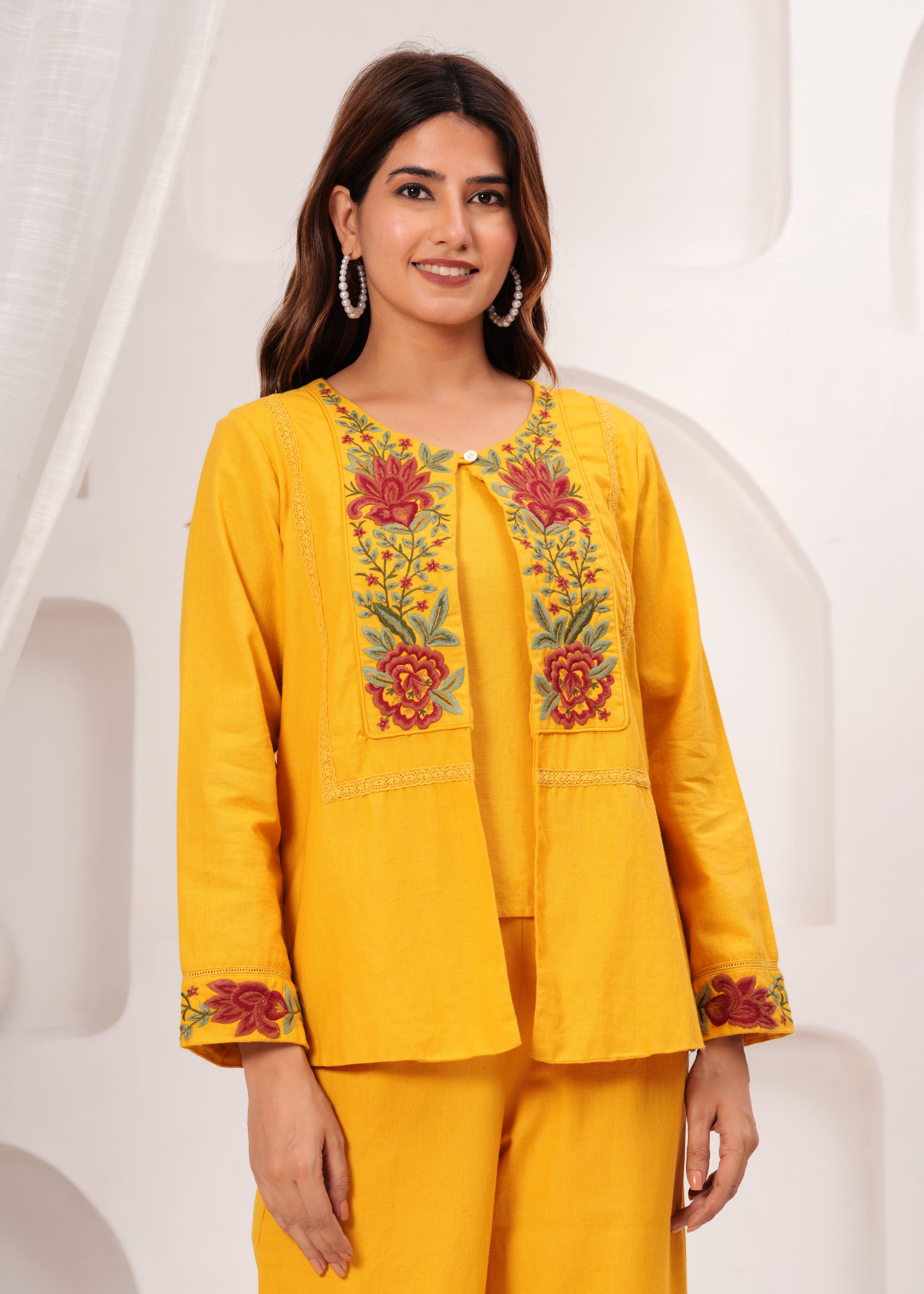 Mustard Floral Embroidered Three-Piece Co-ord Set with Jacket | Elegant Ethnic Wear – House of Olivia work view
