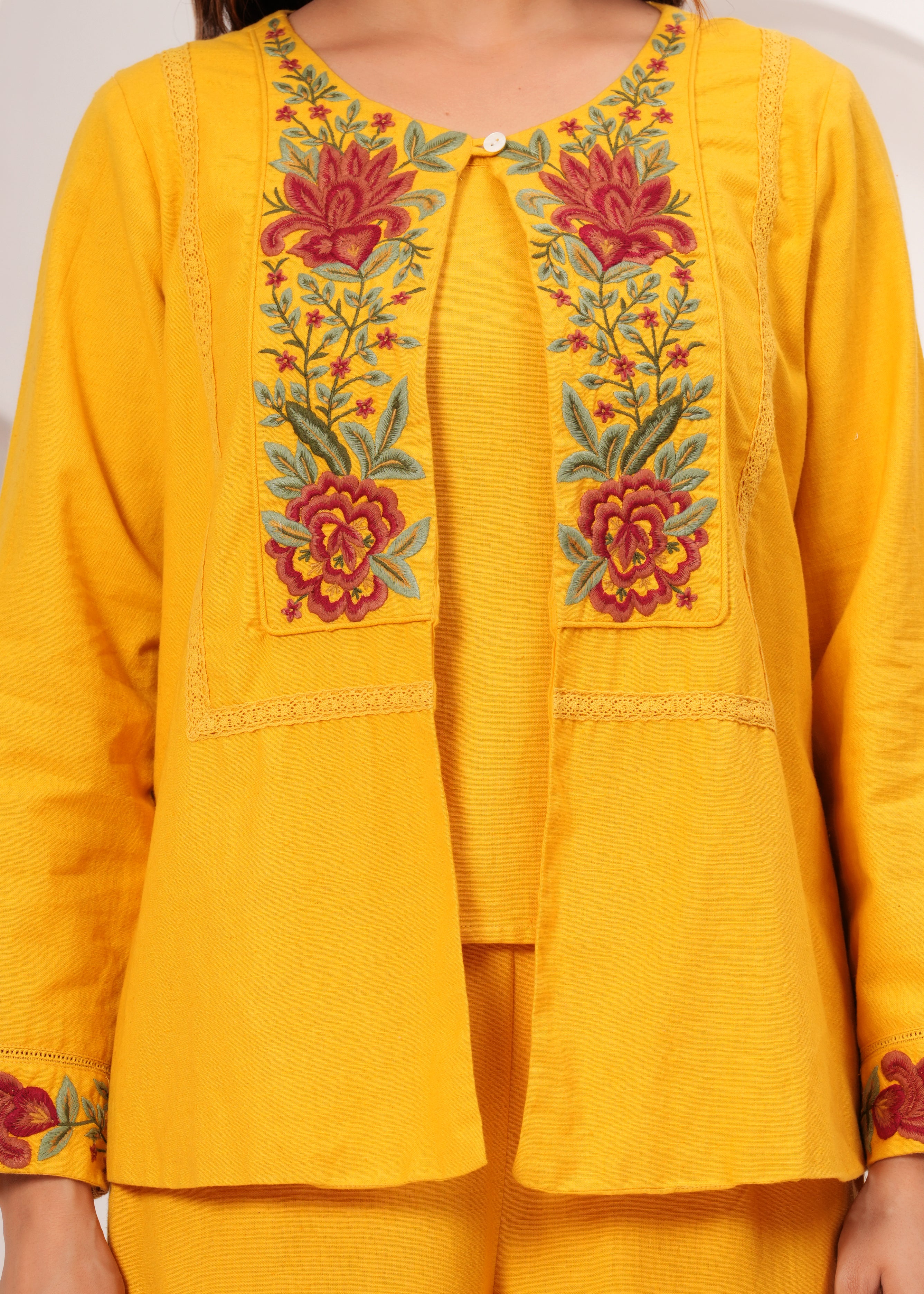 Mustard Floral Embroidered Three-Piece Co-ord Set with Jacket | Elegant Ethnic Wear – House of Olivia top view