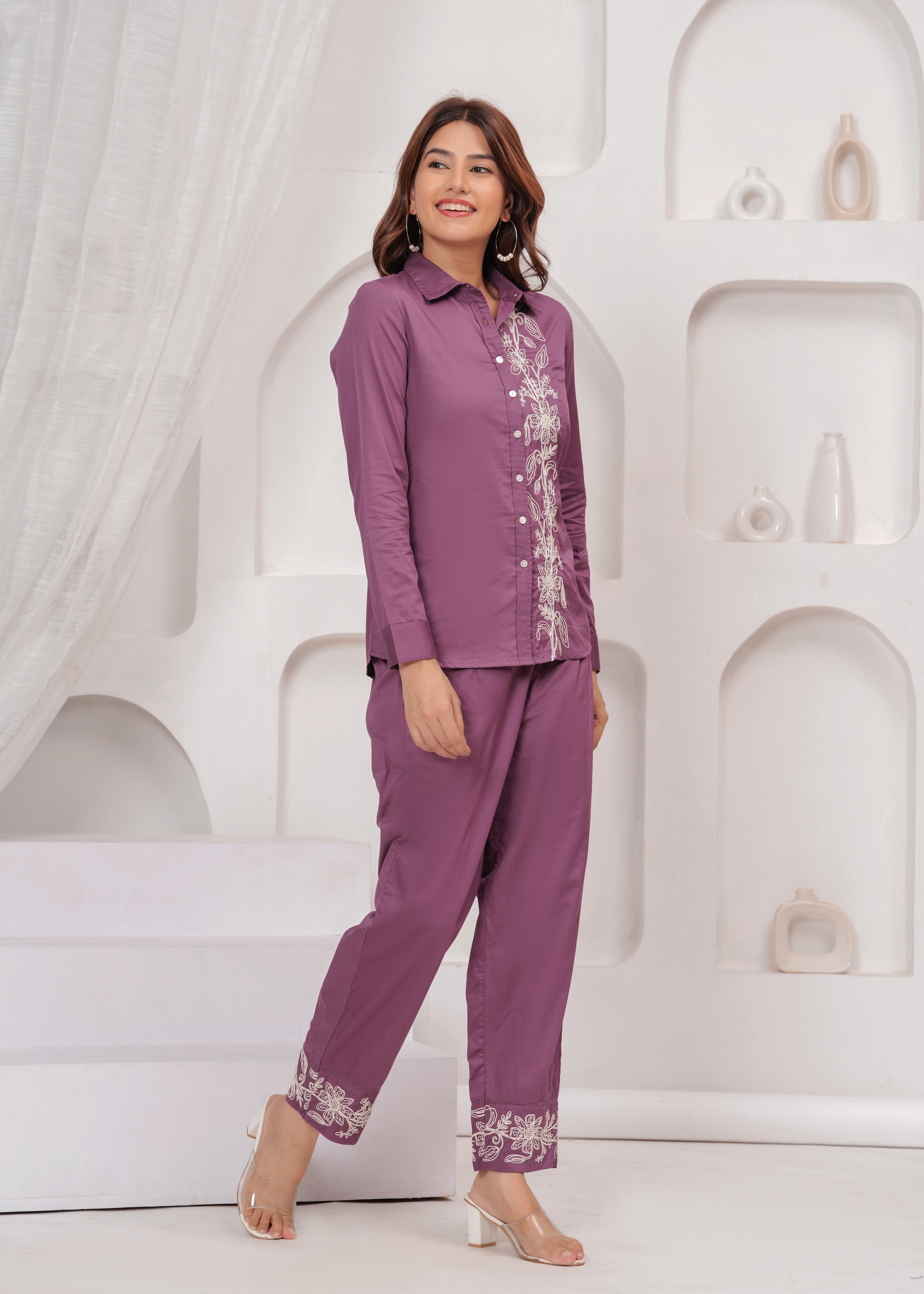 Purple Floral Embroidered Co-ord Set side view