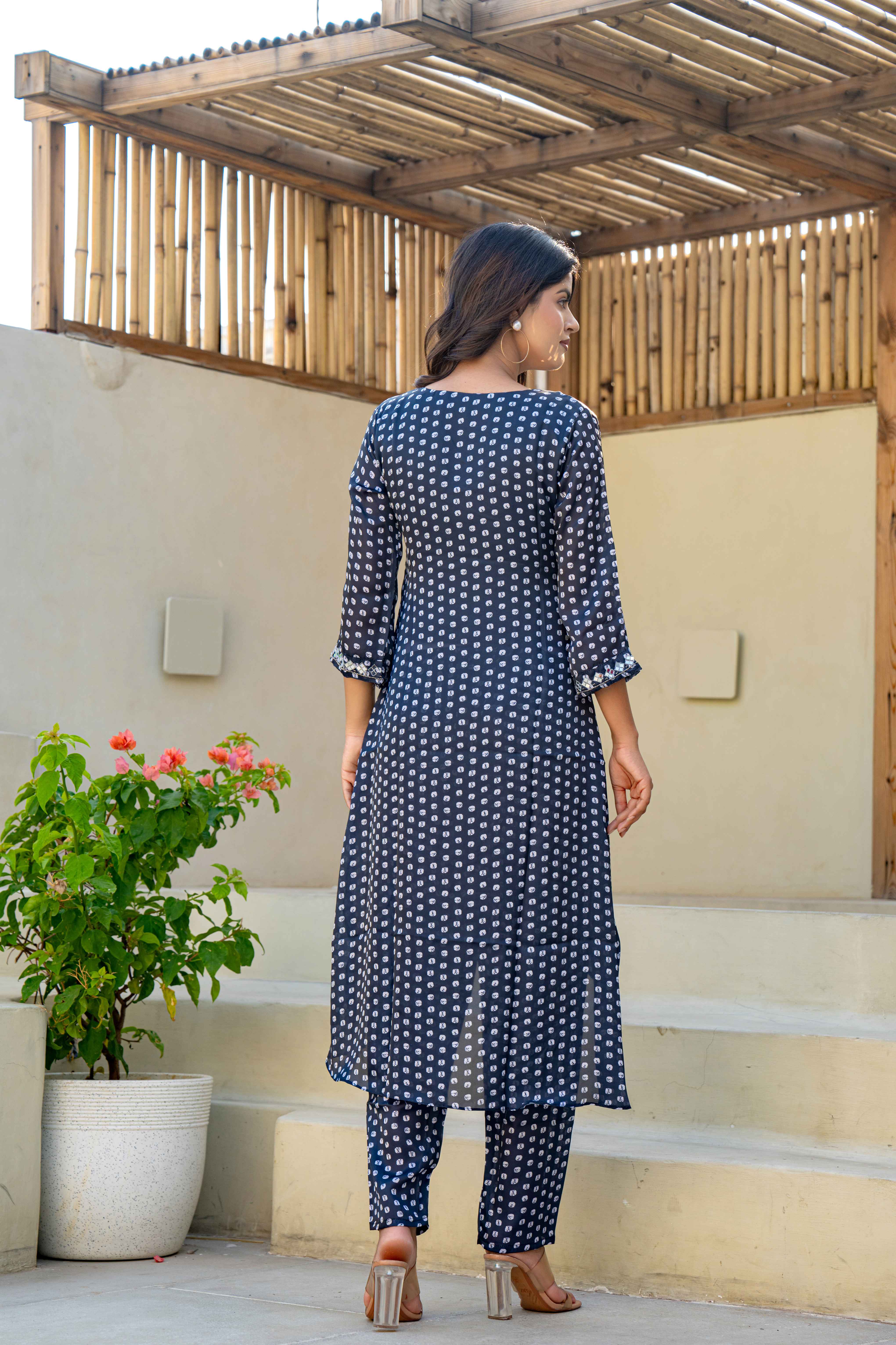 Navy Blue Printed High-Low Kurti Set with Embellished Neckline back view