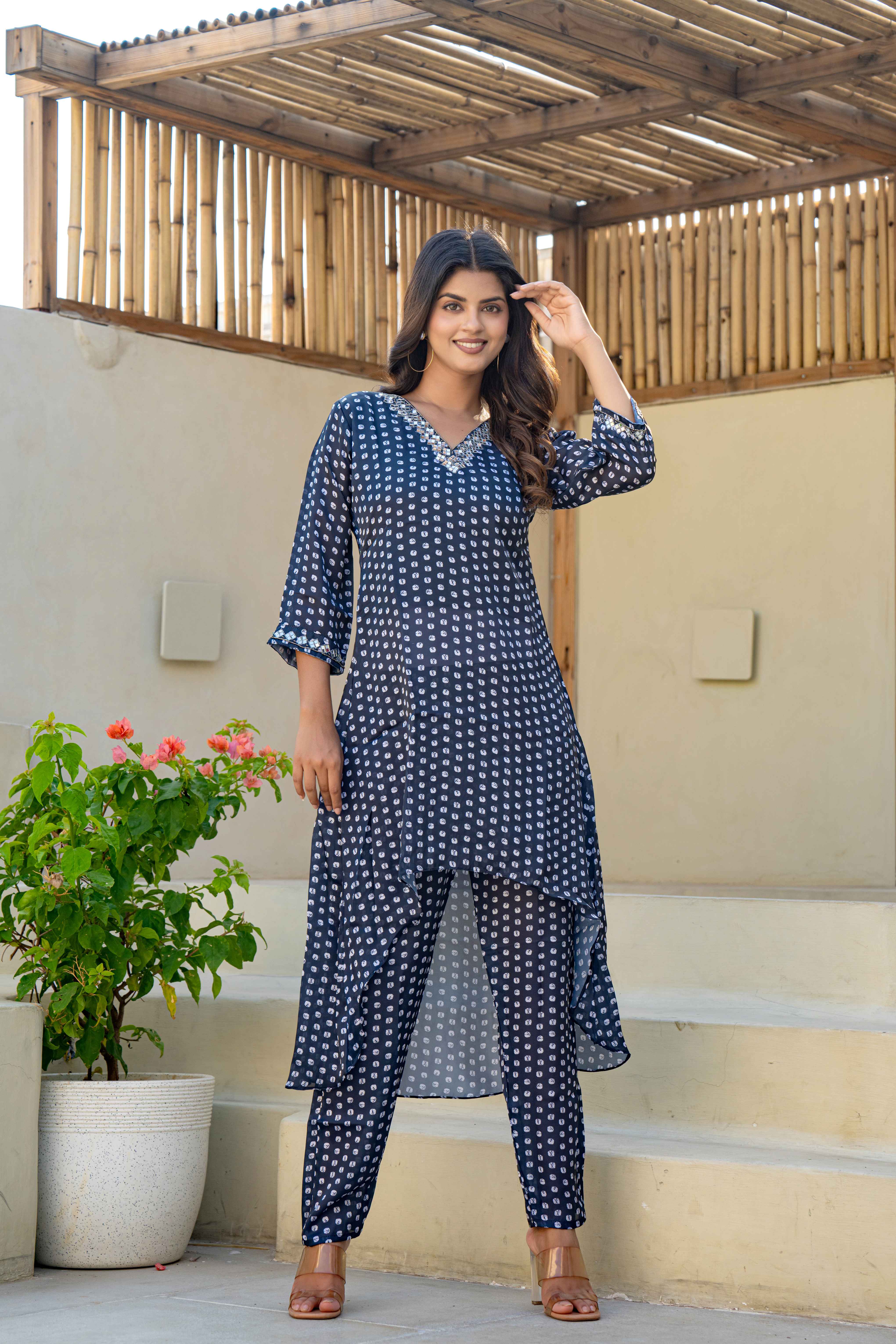 Navy Blue Printed High-Low Kurti Set with Embellished Neckline front view