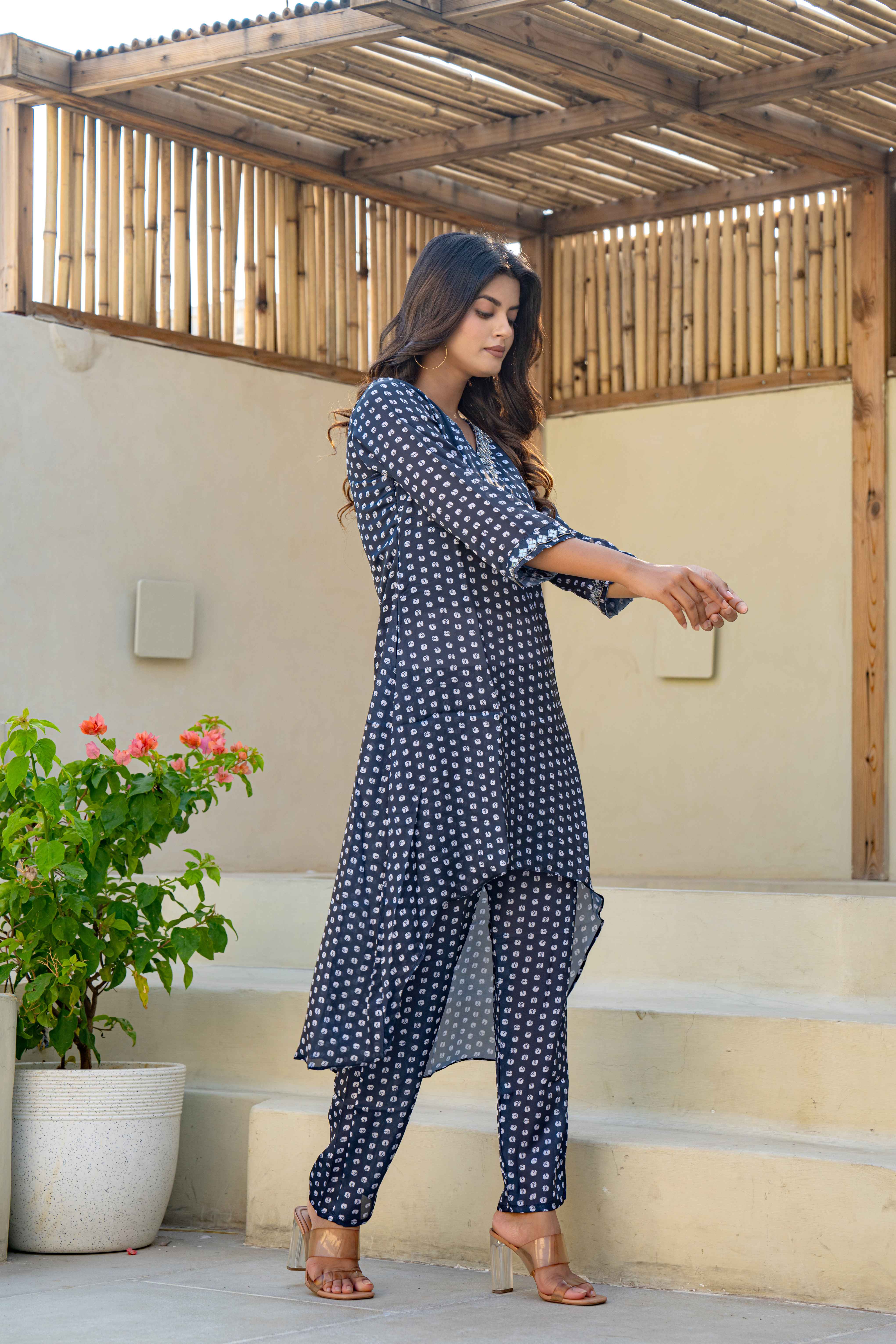 Navy Blue Printed High-Low Kurti Set with Embellished Neckline side view