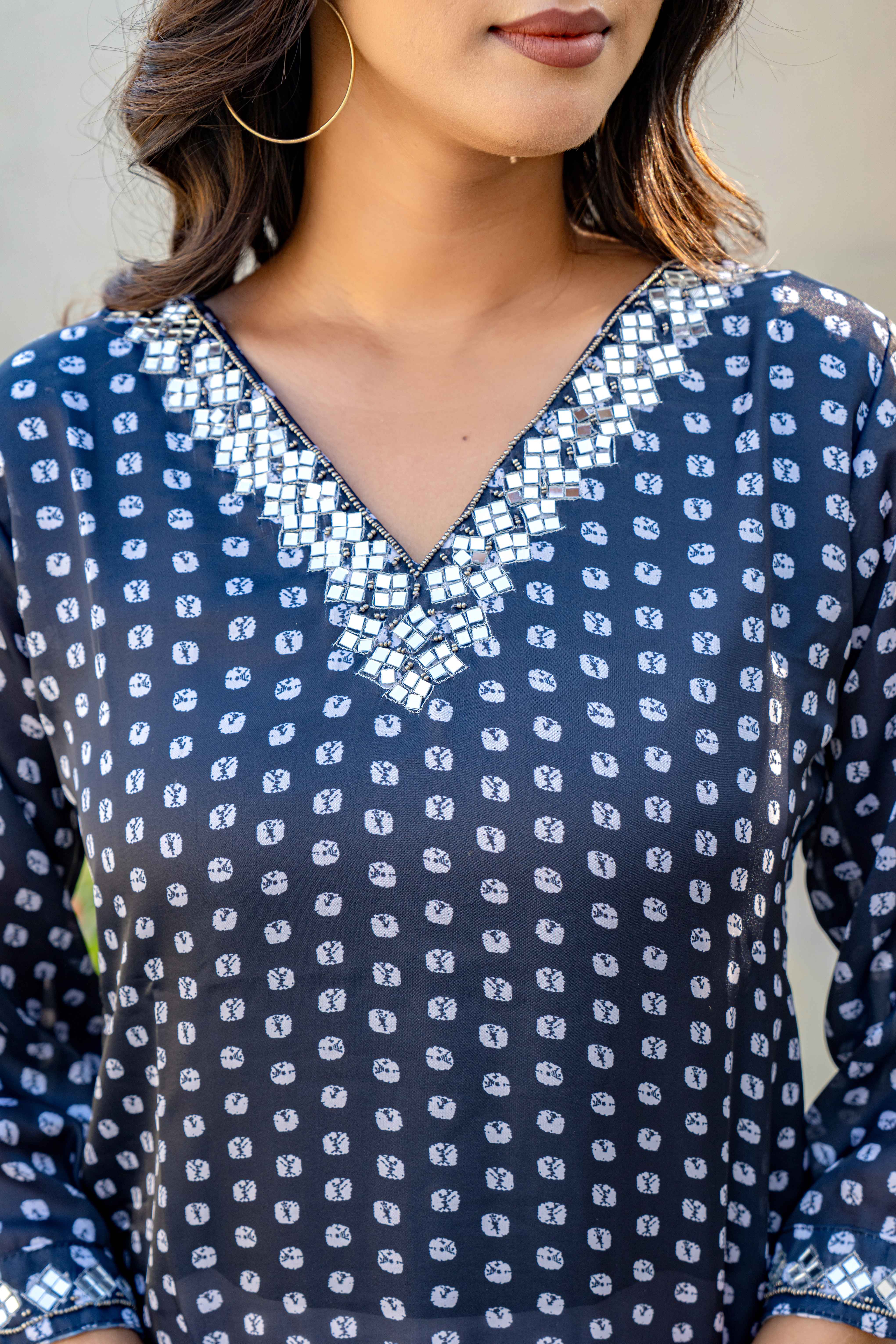 Navy Blue Printed High-Low Kurti Set with Embellished Neckline neckline view