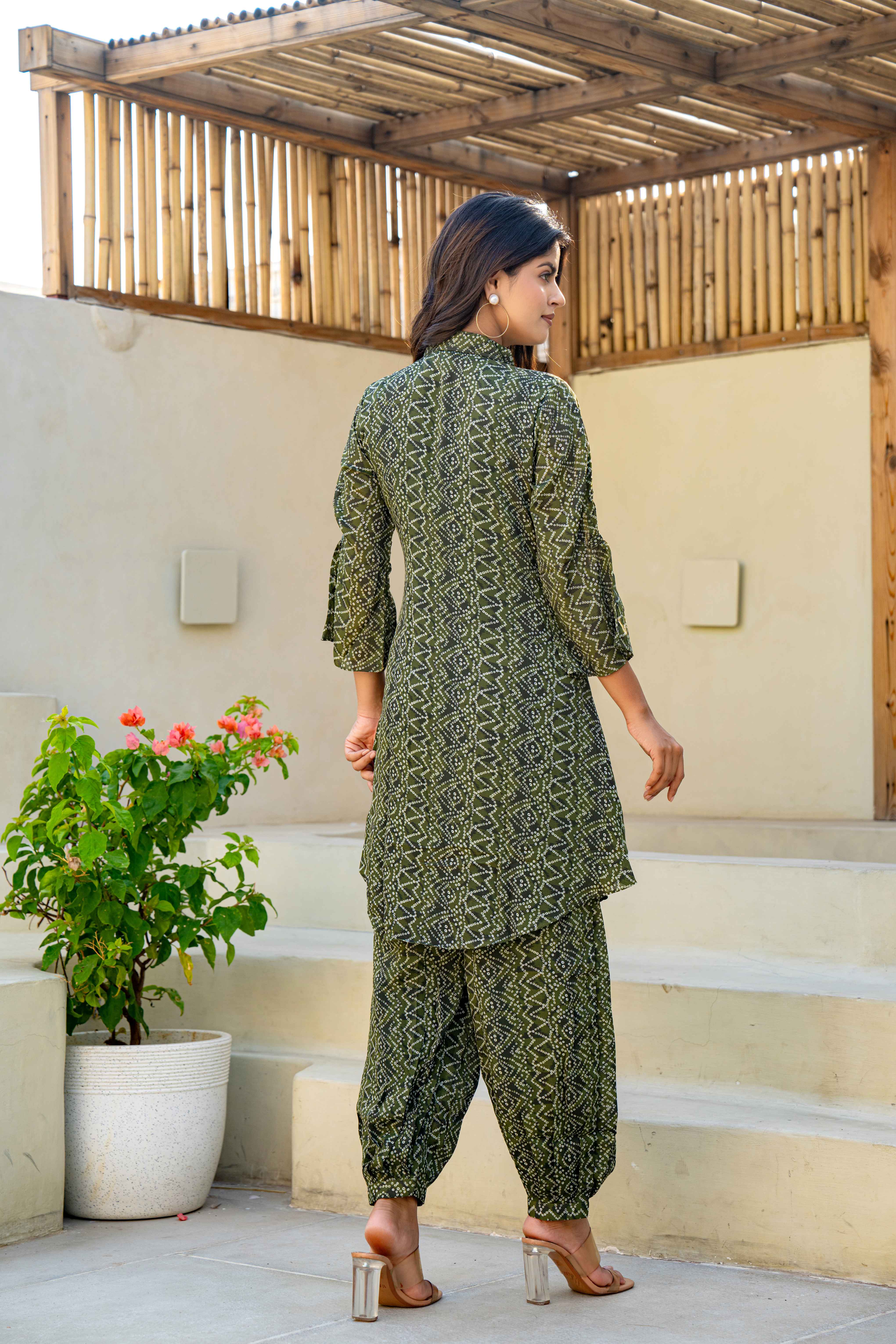 Olive Green Printed Kurti Set with Embellished Pocket back view