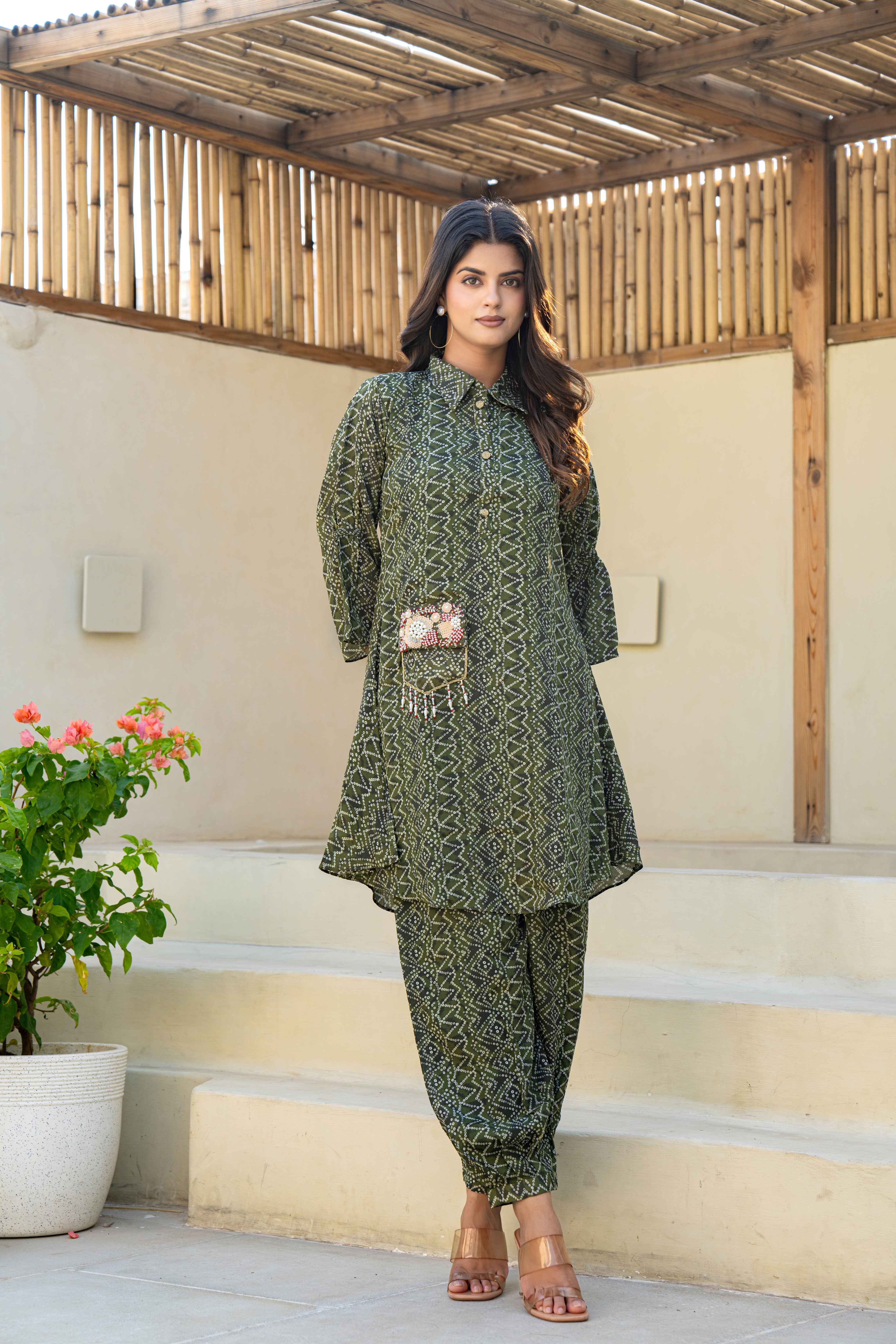 Olive Green Printed Kurti Set with Embellished Pocket front view
