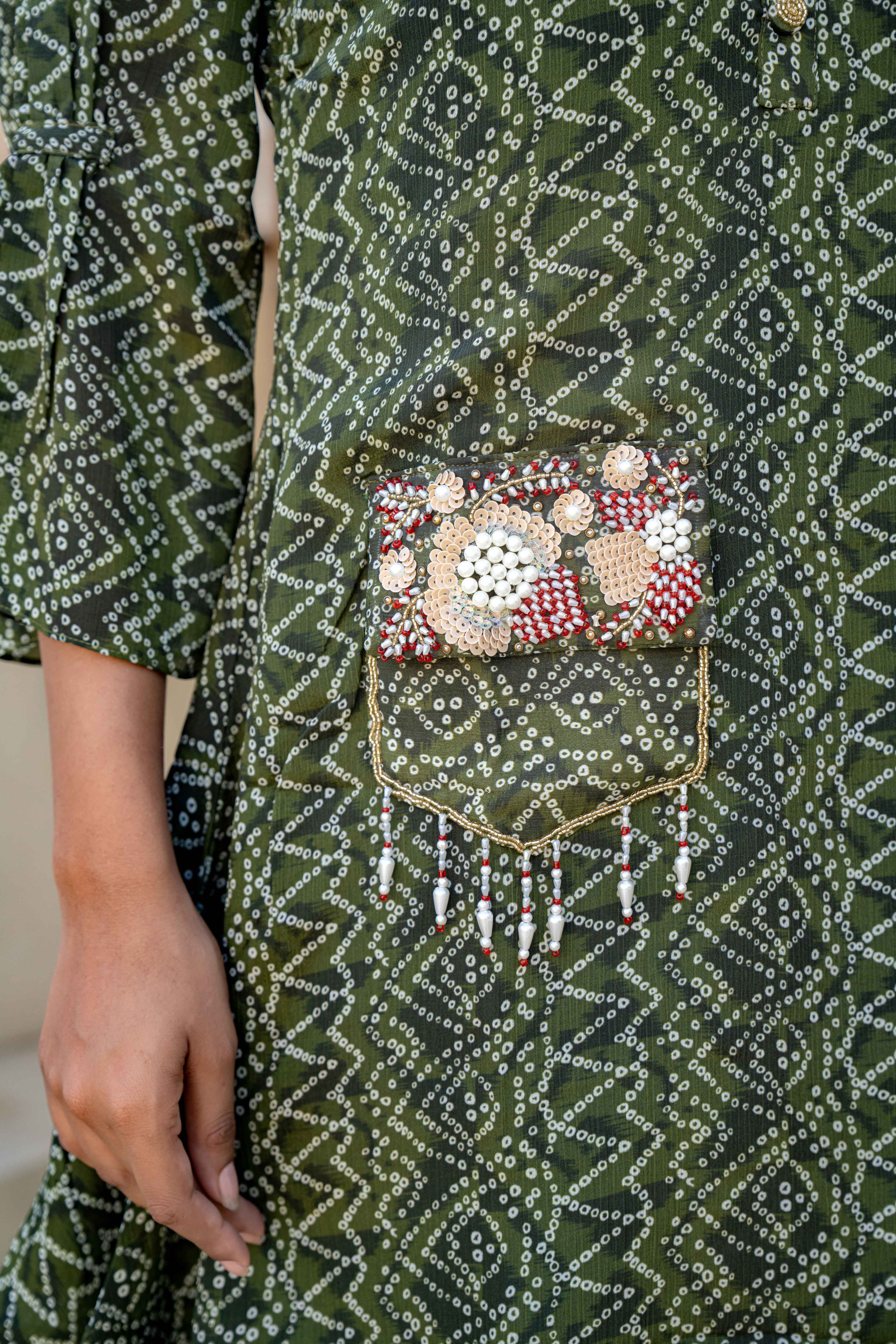 Olive Green Printed Kurti Set with Embellished Pocket , pocket view