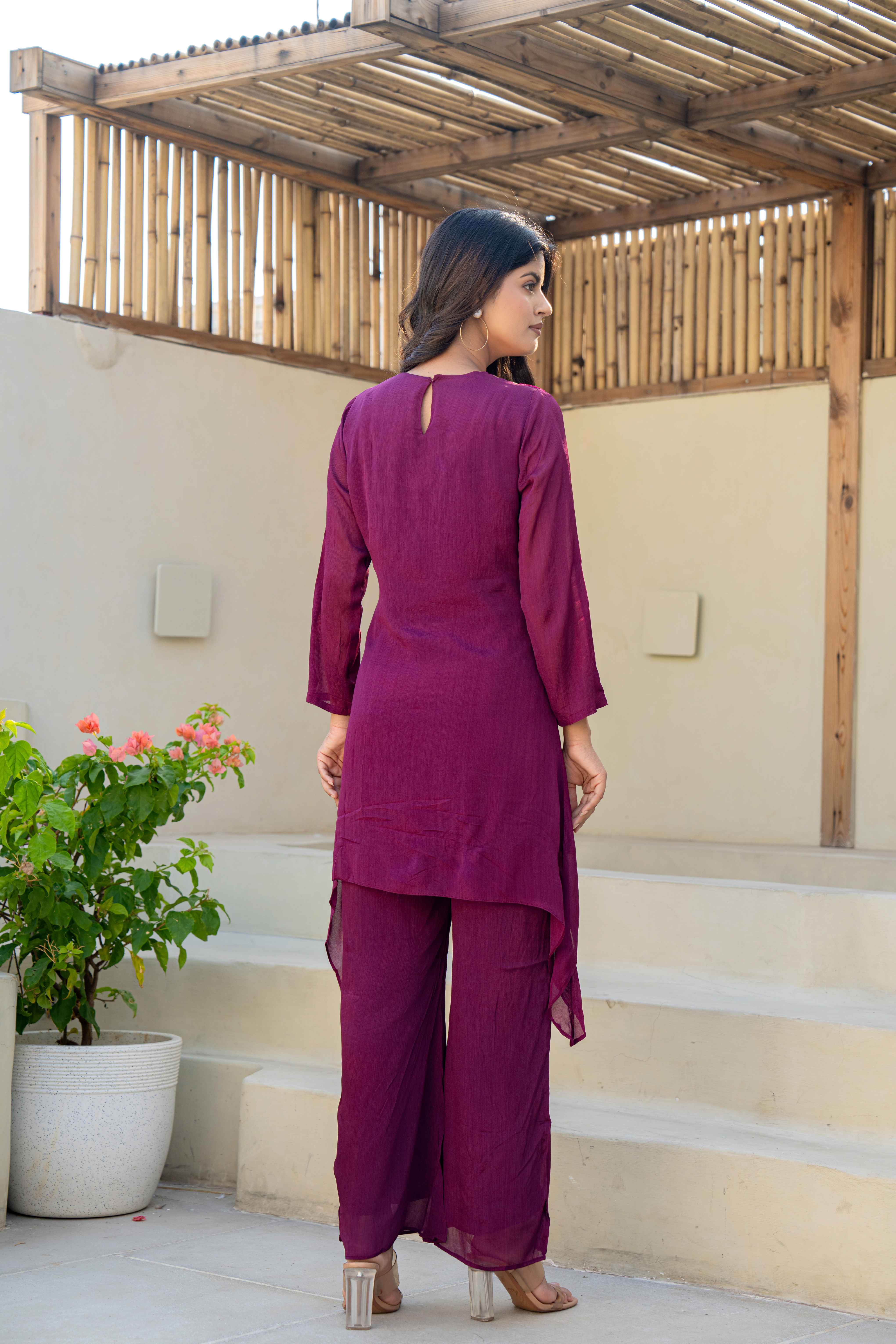 Plum Embroidered High-Low Kurti Set with Palazzo Pants back view