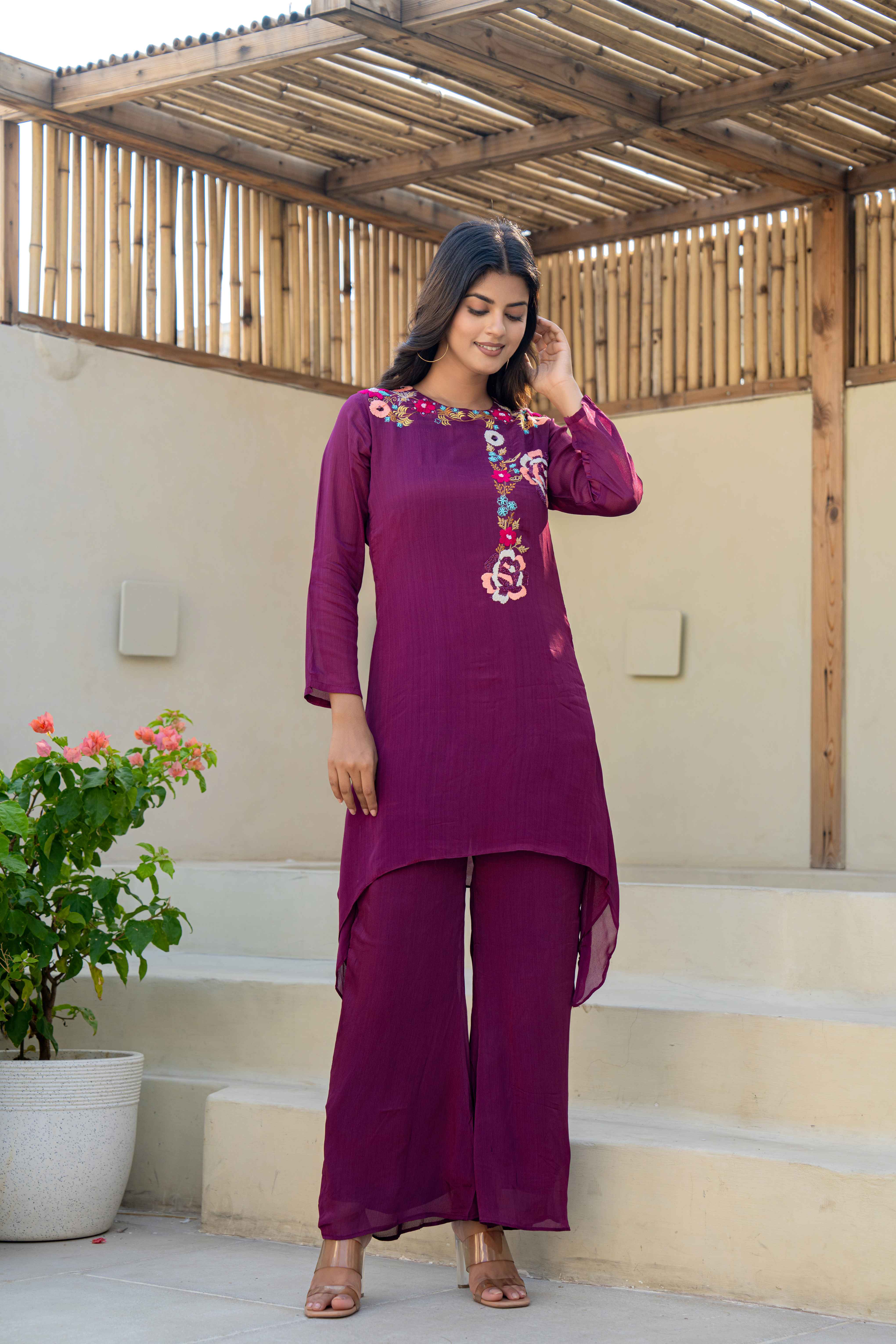 Plum Embroidered High-Low Kurti Set with Palazzo Pants front view