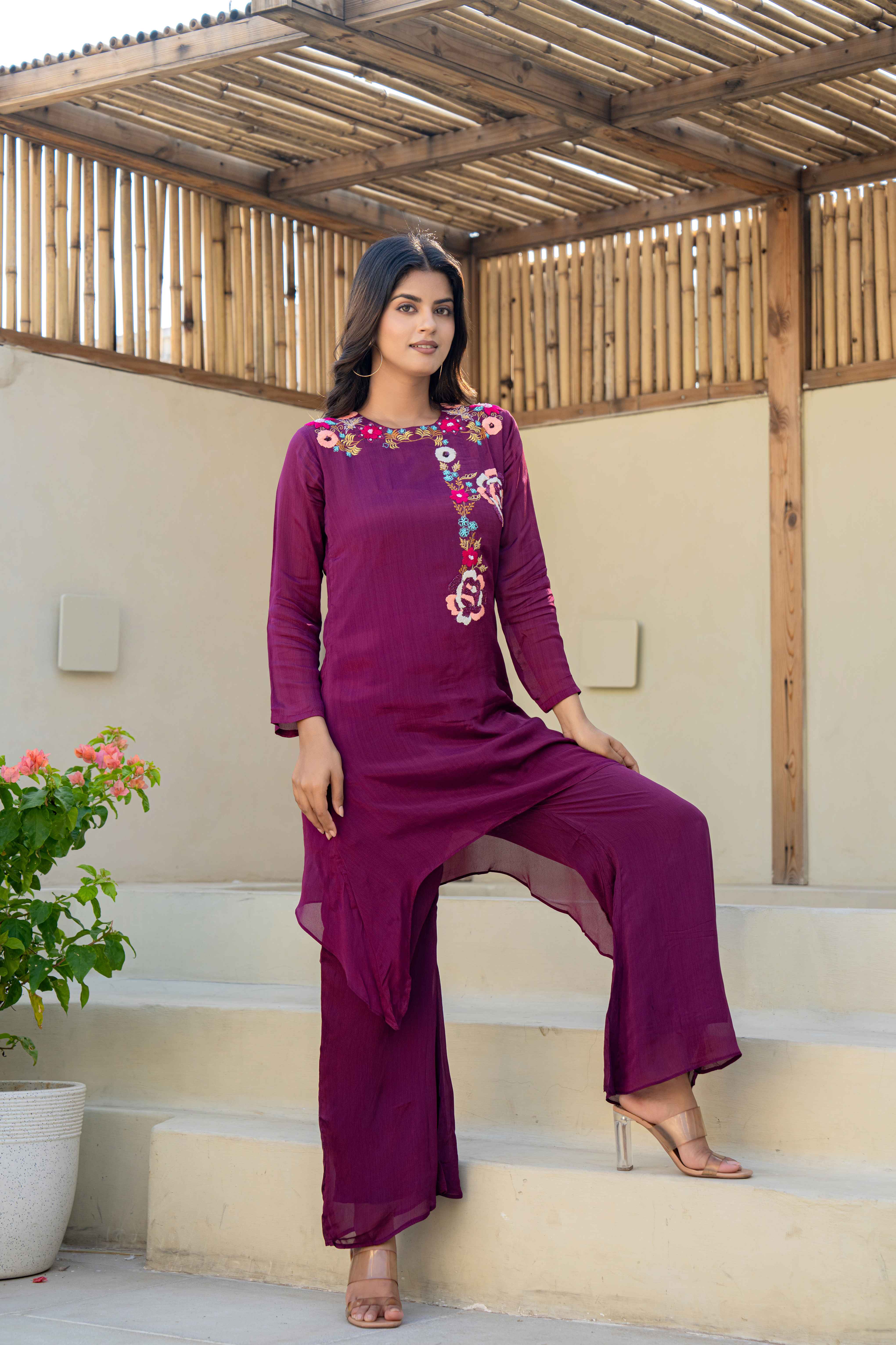 Plum Embroidered High-Low Kurti Set with Palazzo Pants side view