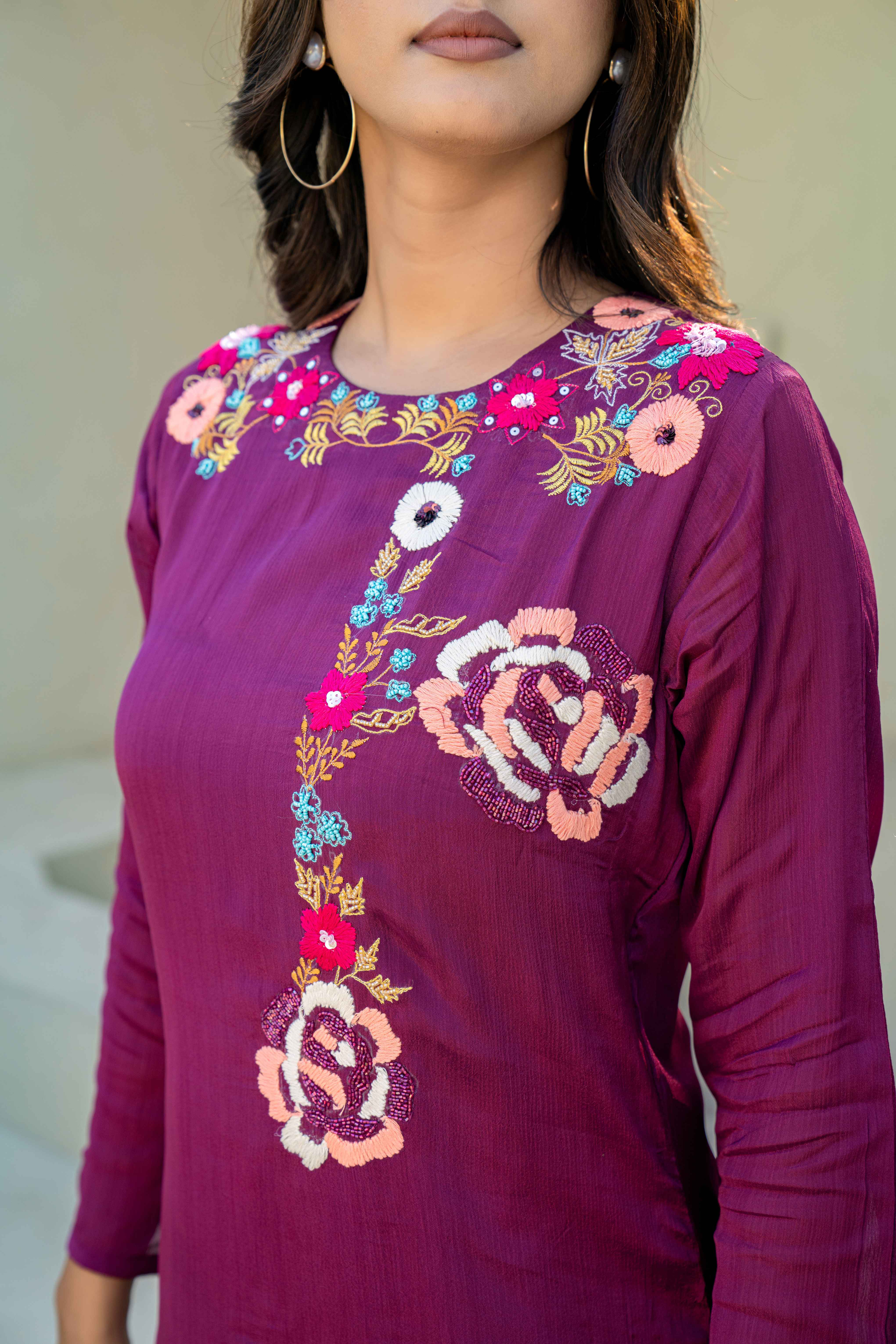 Plum Embroidered High-Low Kurti Set with Palazzo Pants top view