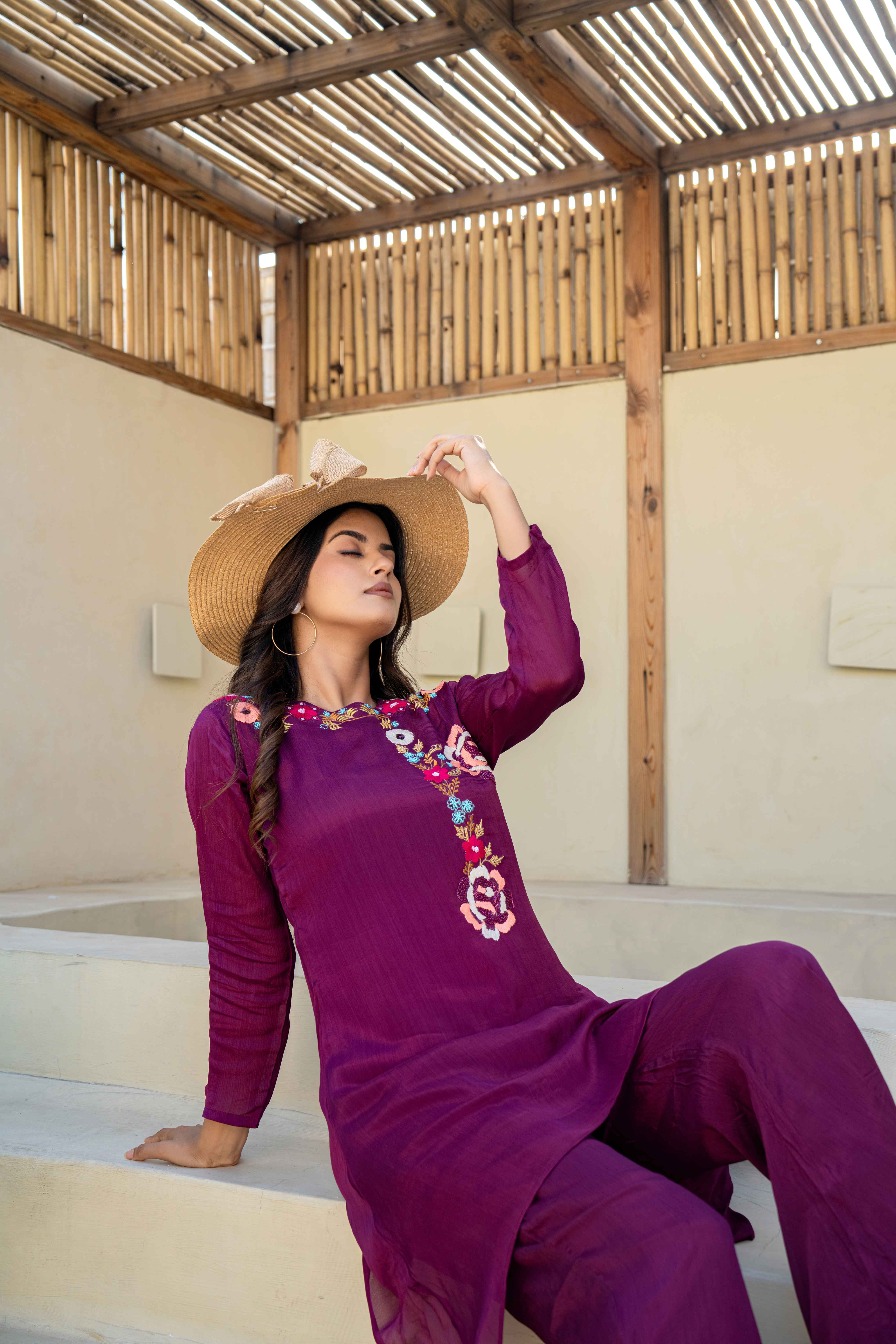 Plum Embroidered High-Low Kurti Set with Palazzo Pants sitting view