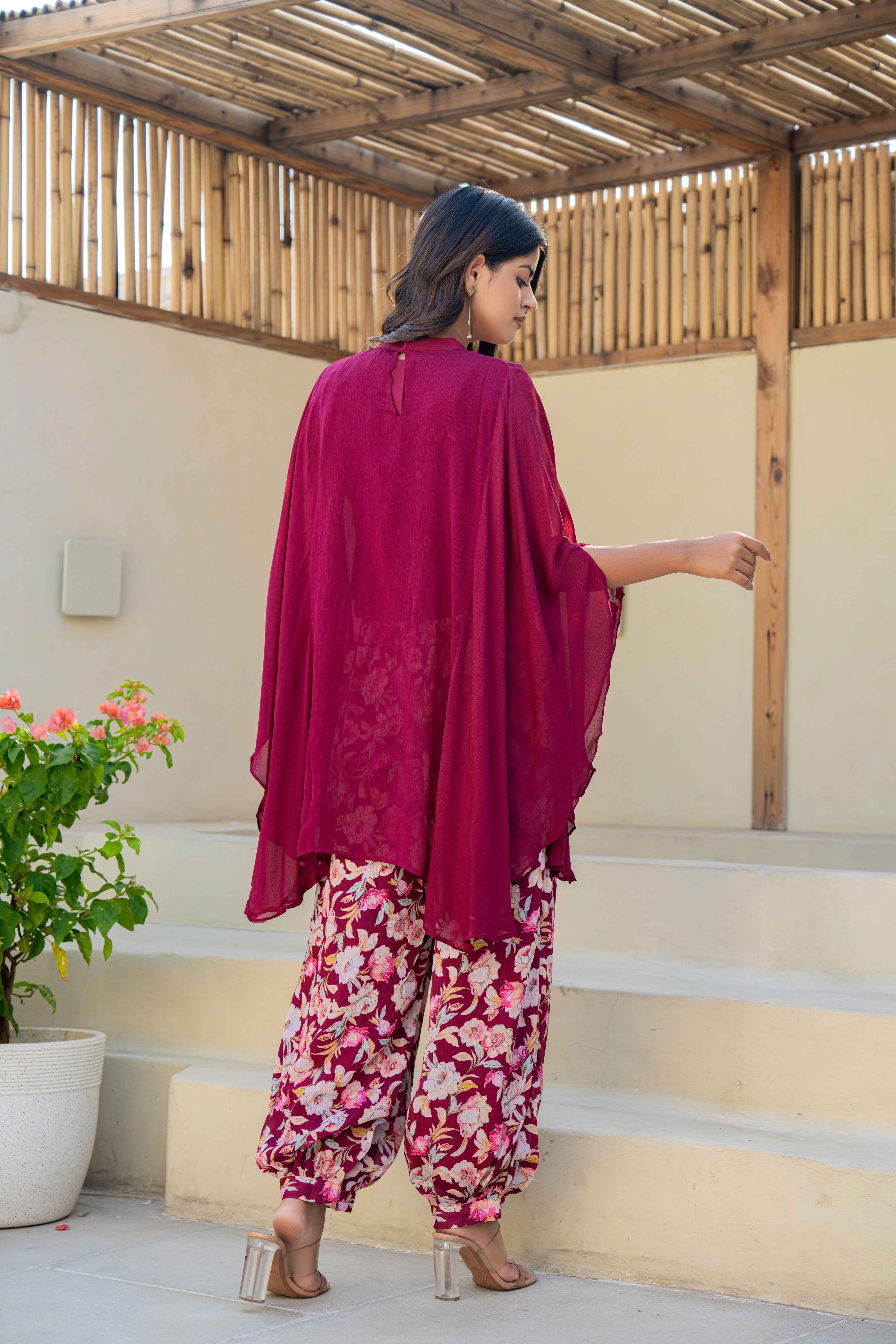 Maroon Floral Embroidered Kaftan Kurti with Printed Pants | back view