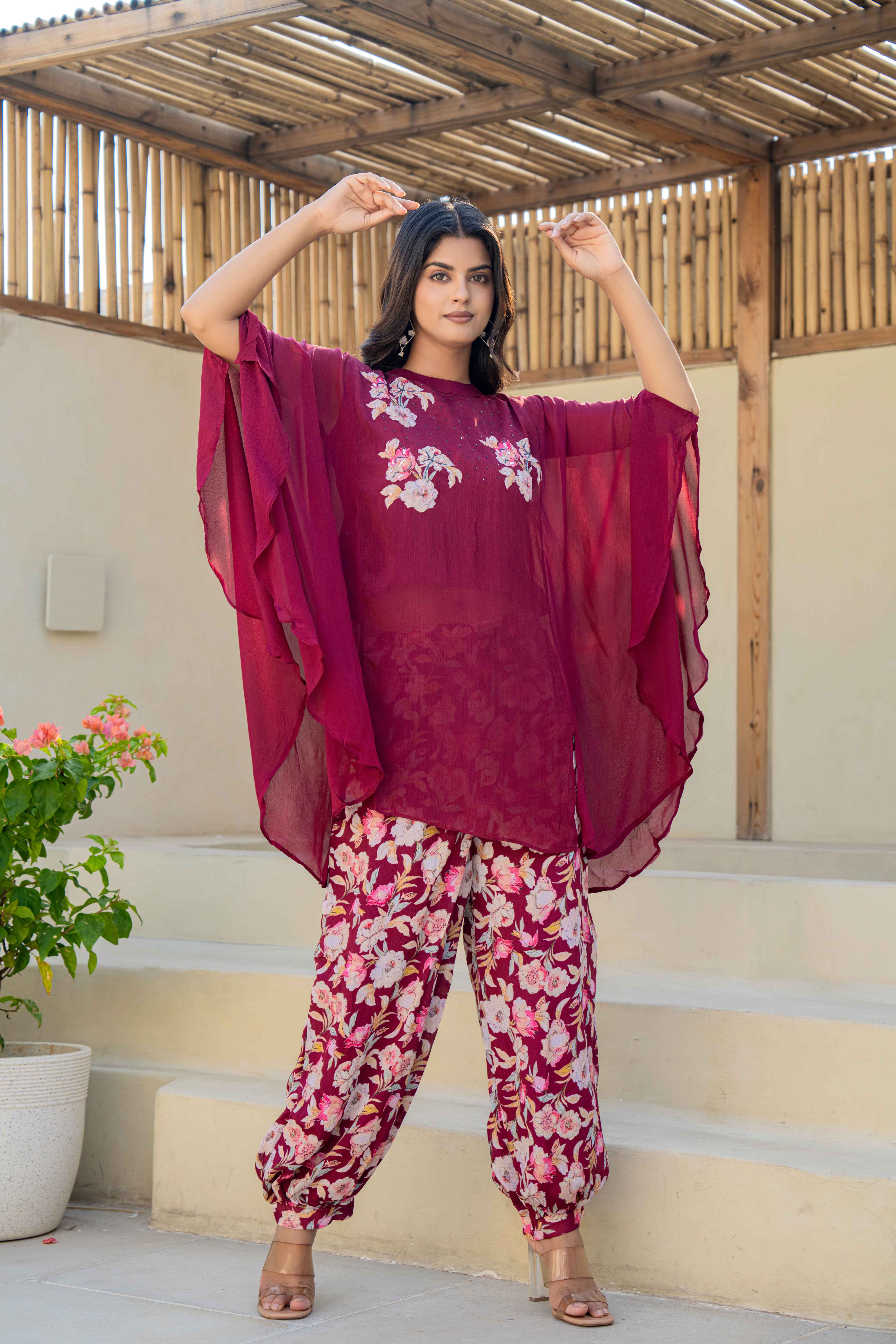 Maroon Floral Embroidered Kaftan Kurti with Printed Pants | front view