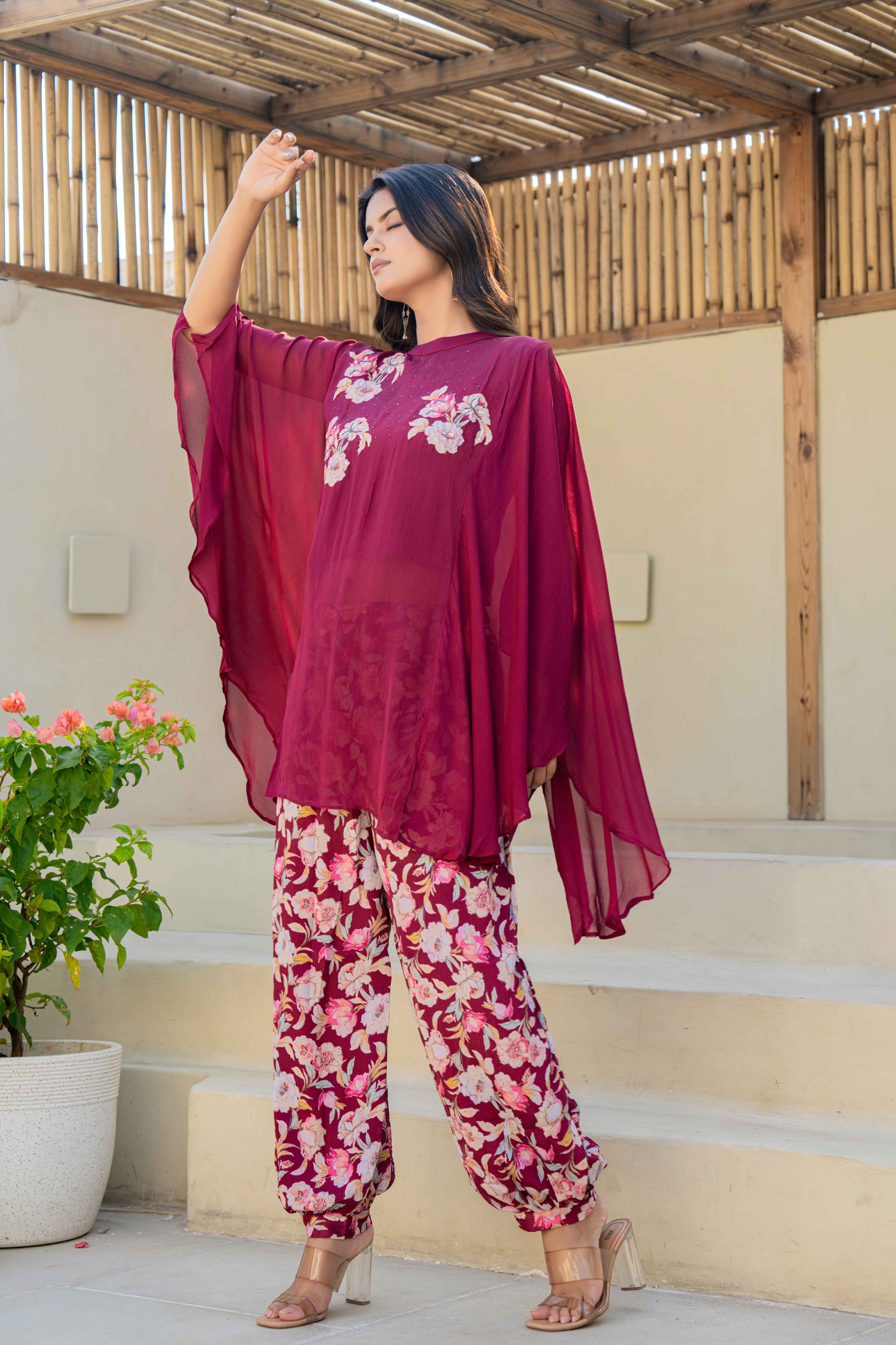 Maroon Floral Embroidered Kaftan Kurti with Printed Pants | side view