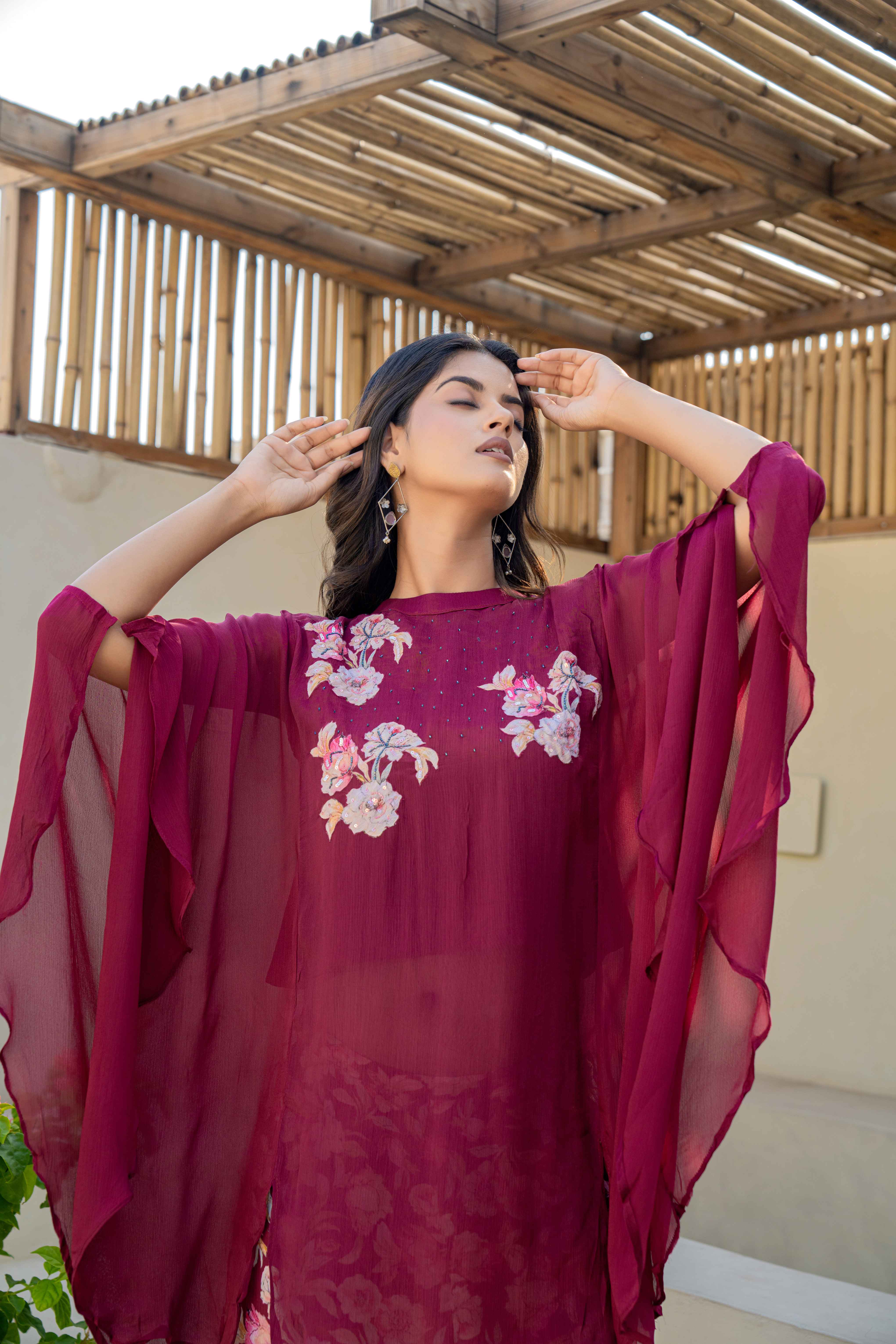 Maroon Floral Embroidered Kaftan Kurti with Printed Pants | top view