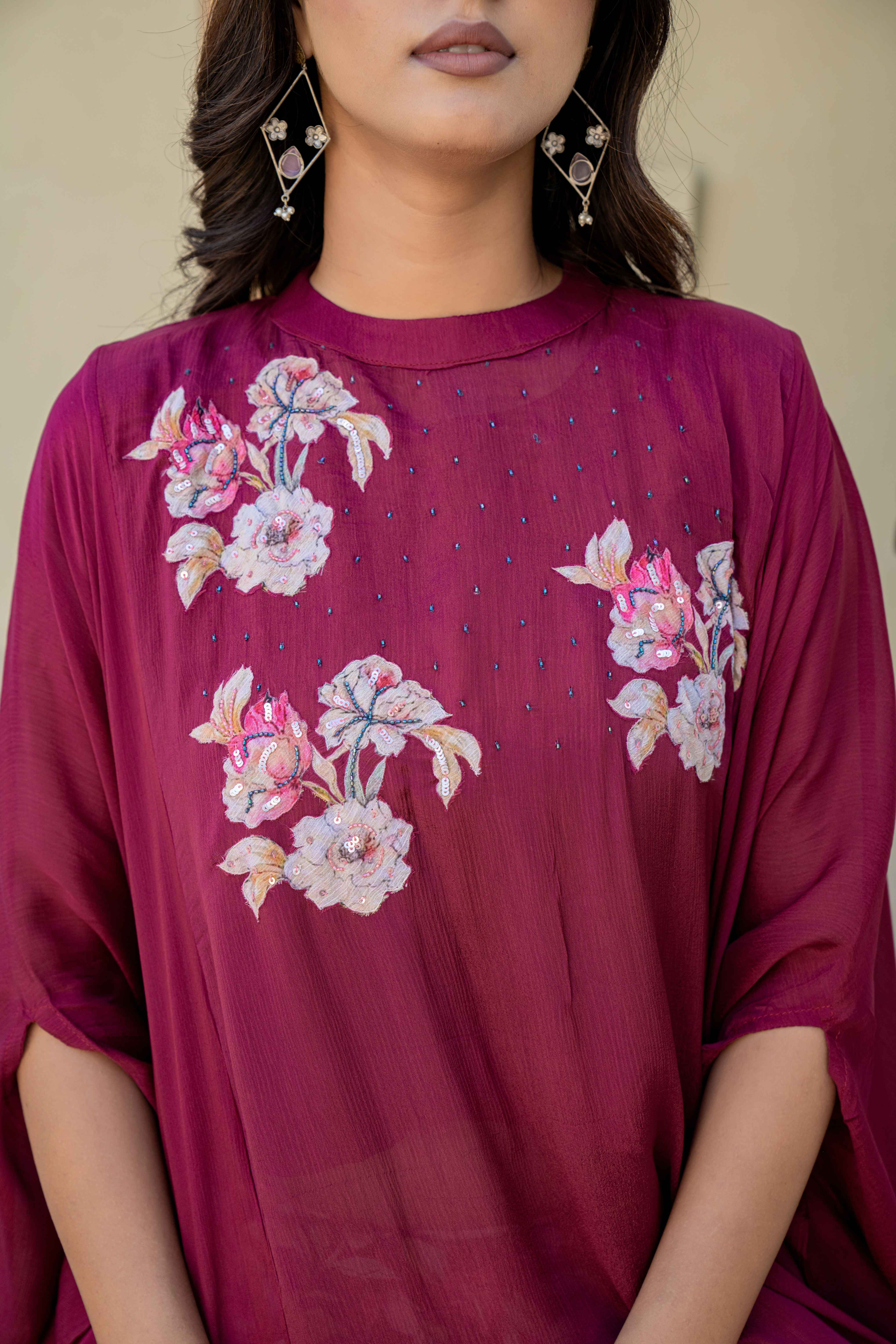 Maroon Floral Embroidered Kaftan Kurti with Printed flowers view