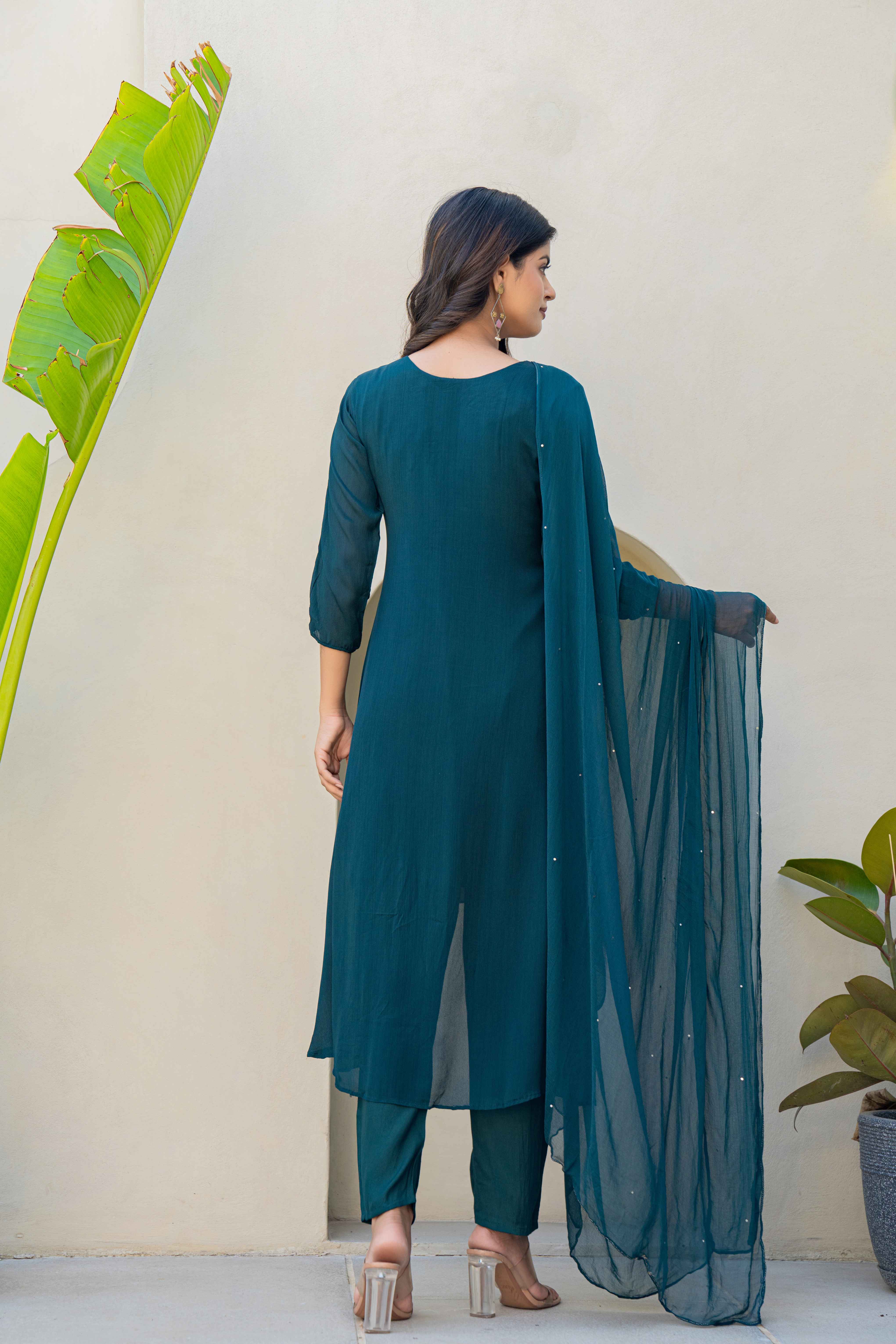 Teal Embroidered High-Low Kurti Set with Dupatta back view