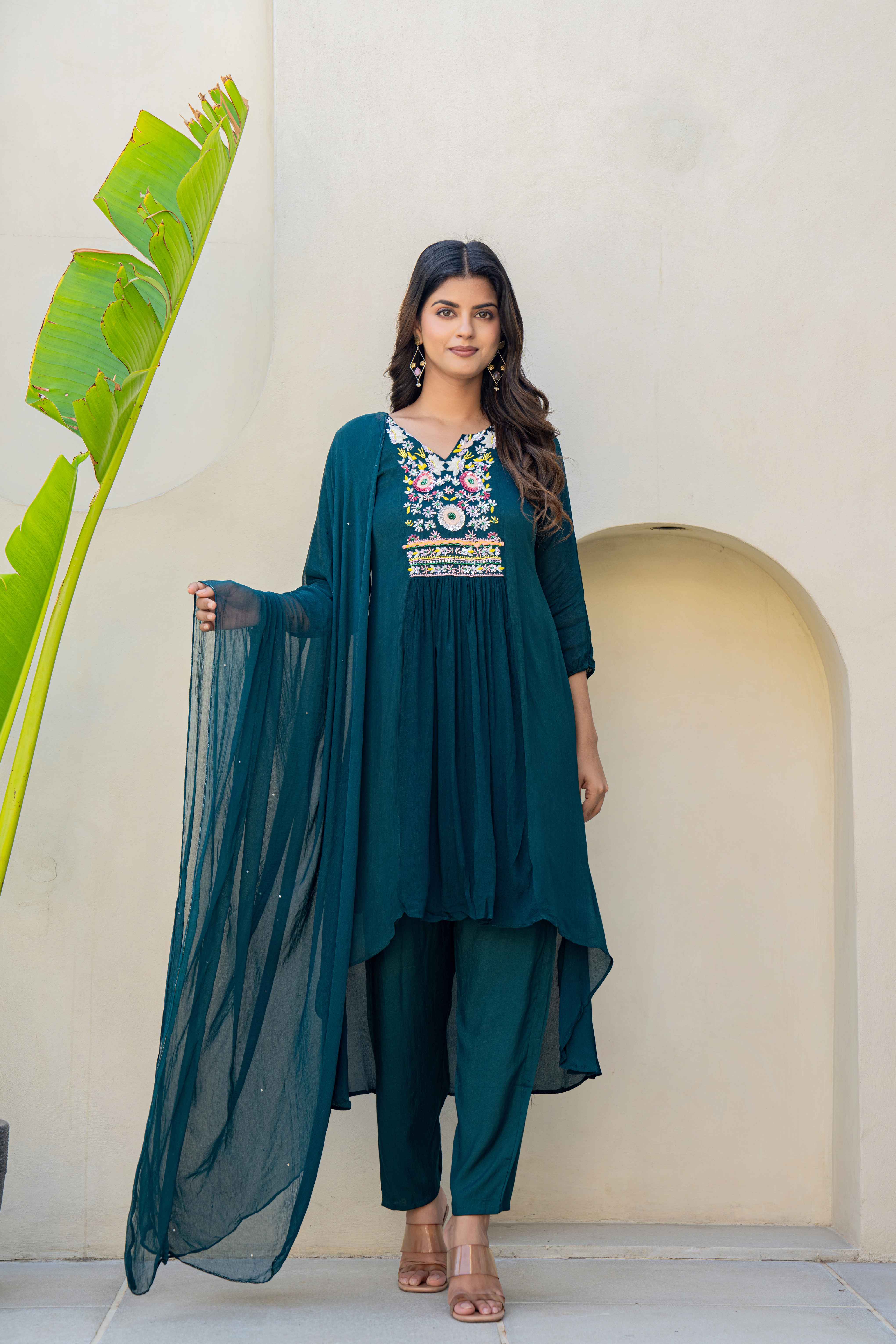 Teal Embroidered High-Low Kurti Set with Dupatta front view