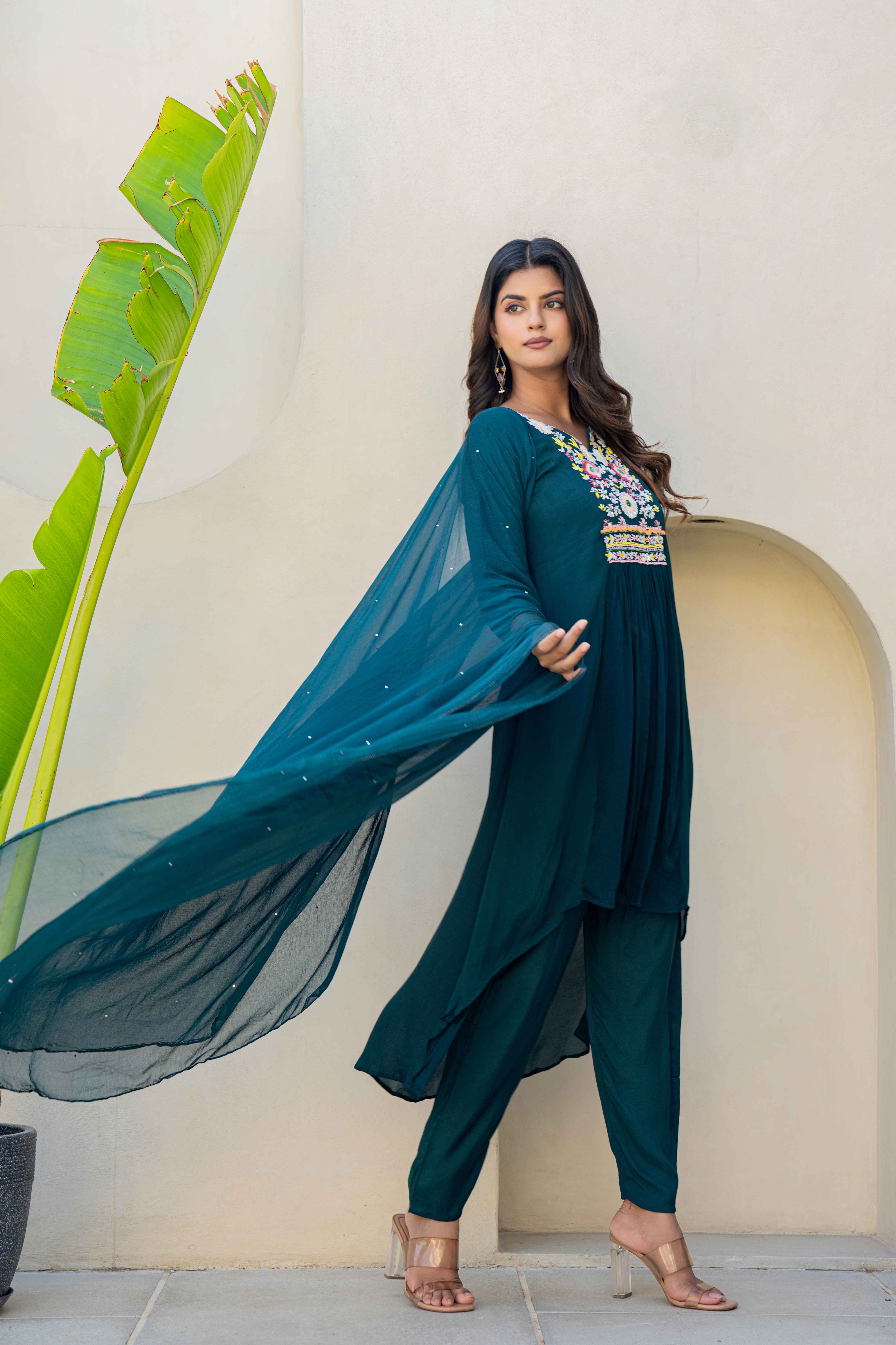 Teal Embroidered High-Low Kurti Set with Dupatta side view