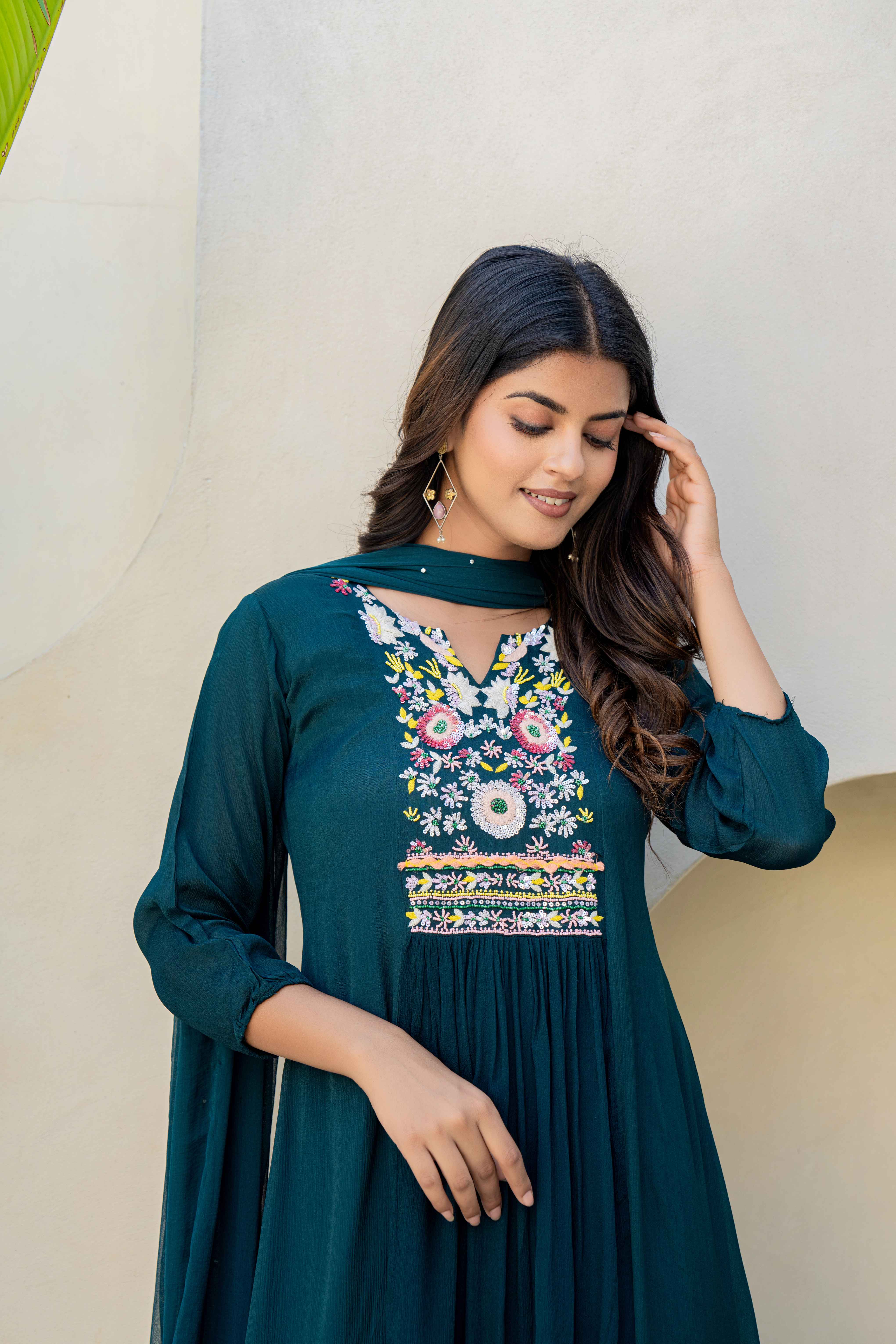 Teal Embroidered High-Low Kurti Set with Dupatta top view