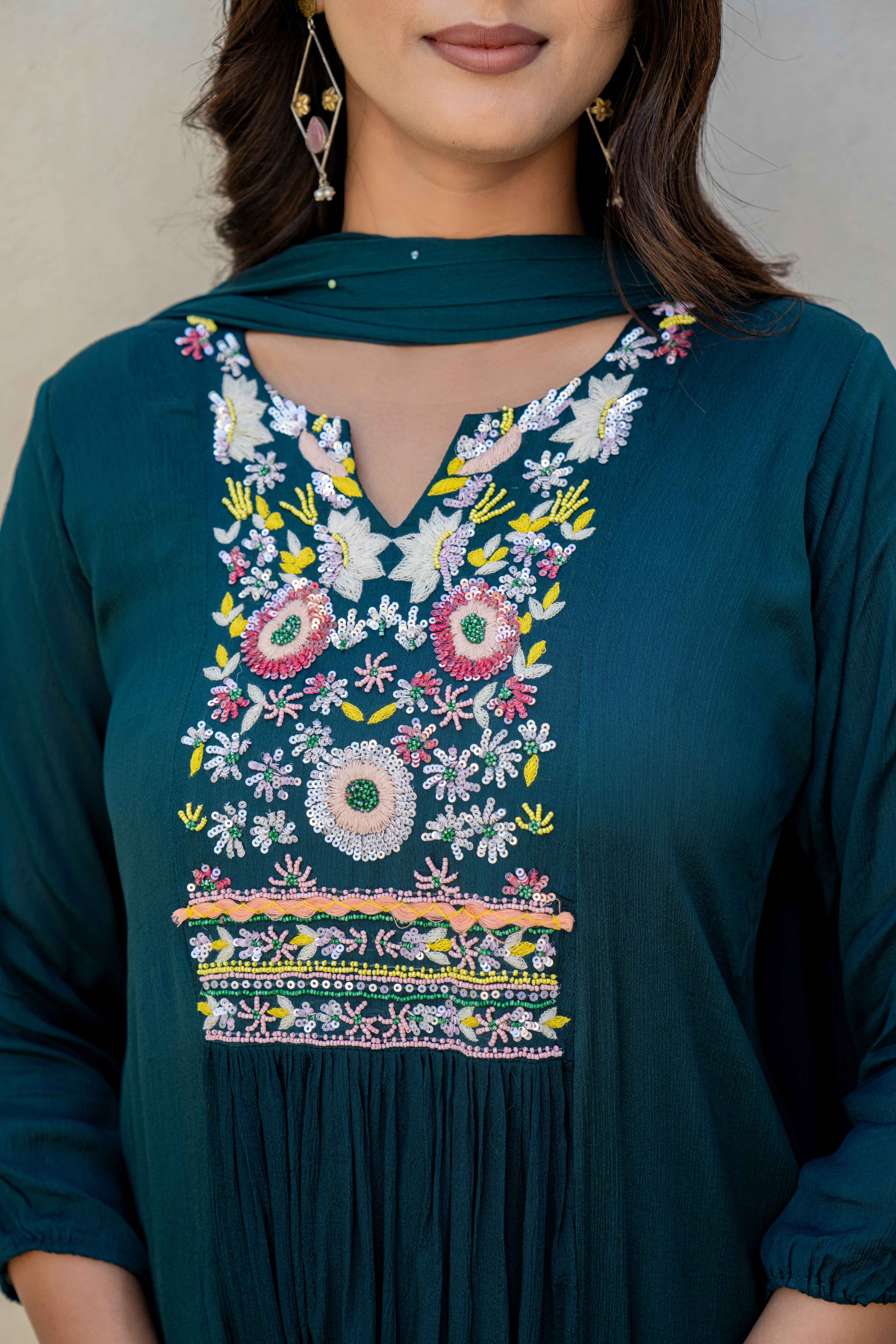 Teal Embroidered High-Low Kurti Set with Dupatta centre yoke view