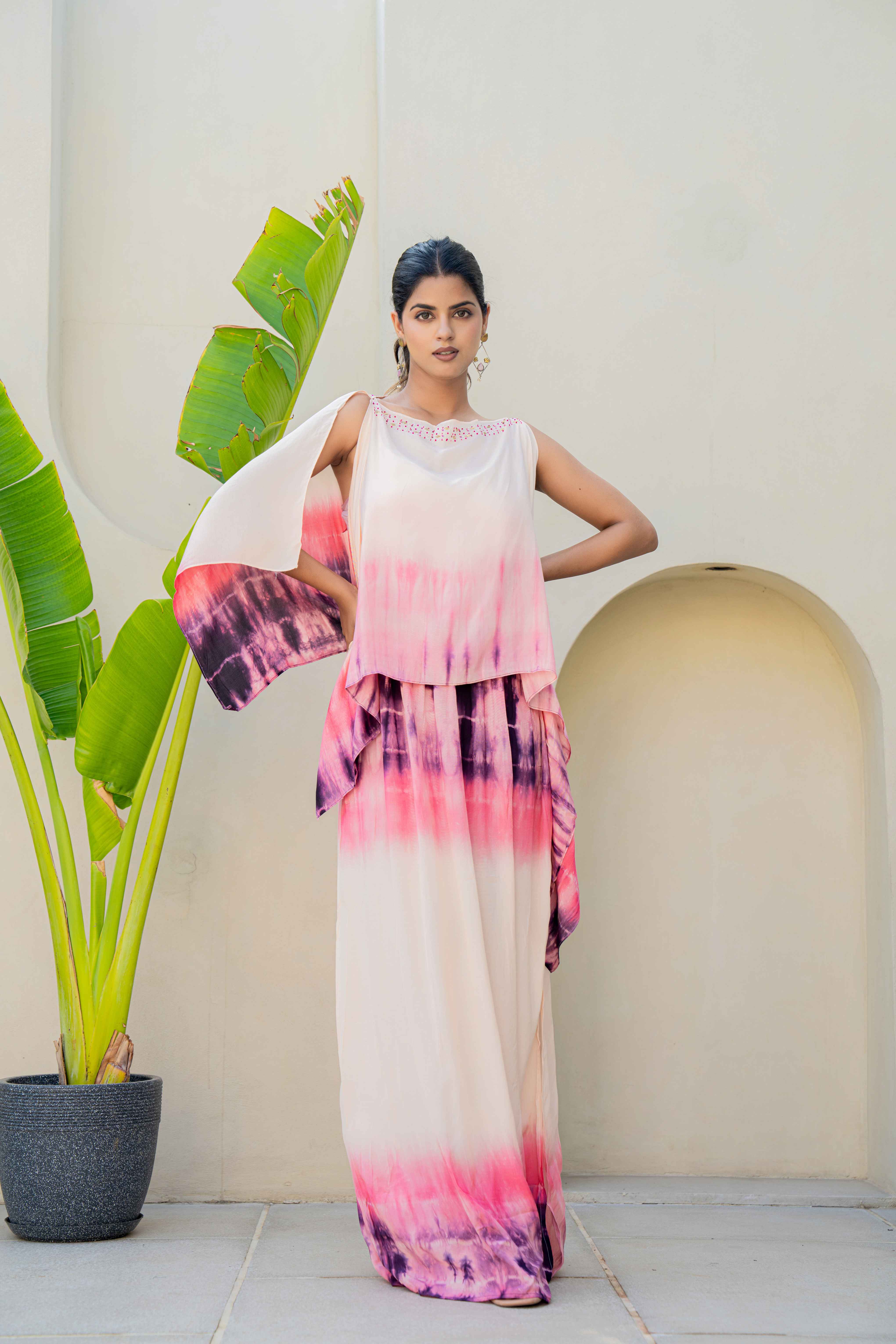 Pink & Purple Ombre Tie-Dye Kaftan Dress with Embellished Neckline front view