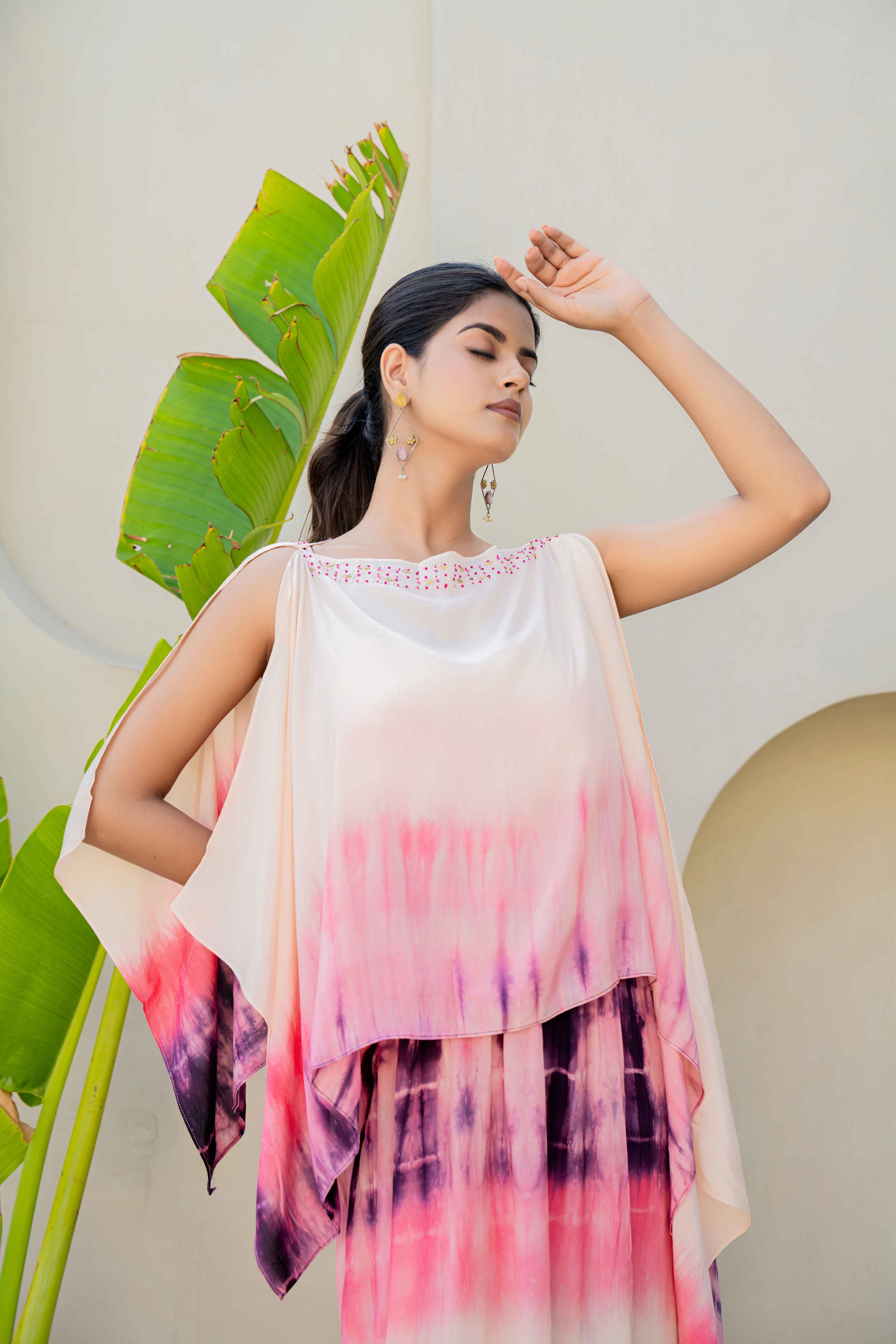 Pink & Purple Ombre Tie-Dye Kaftan Dress with Embellished Neckline top view