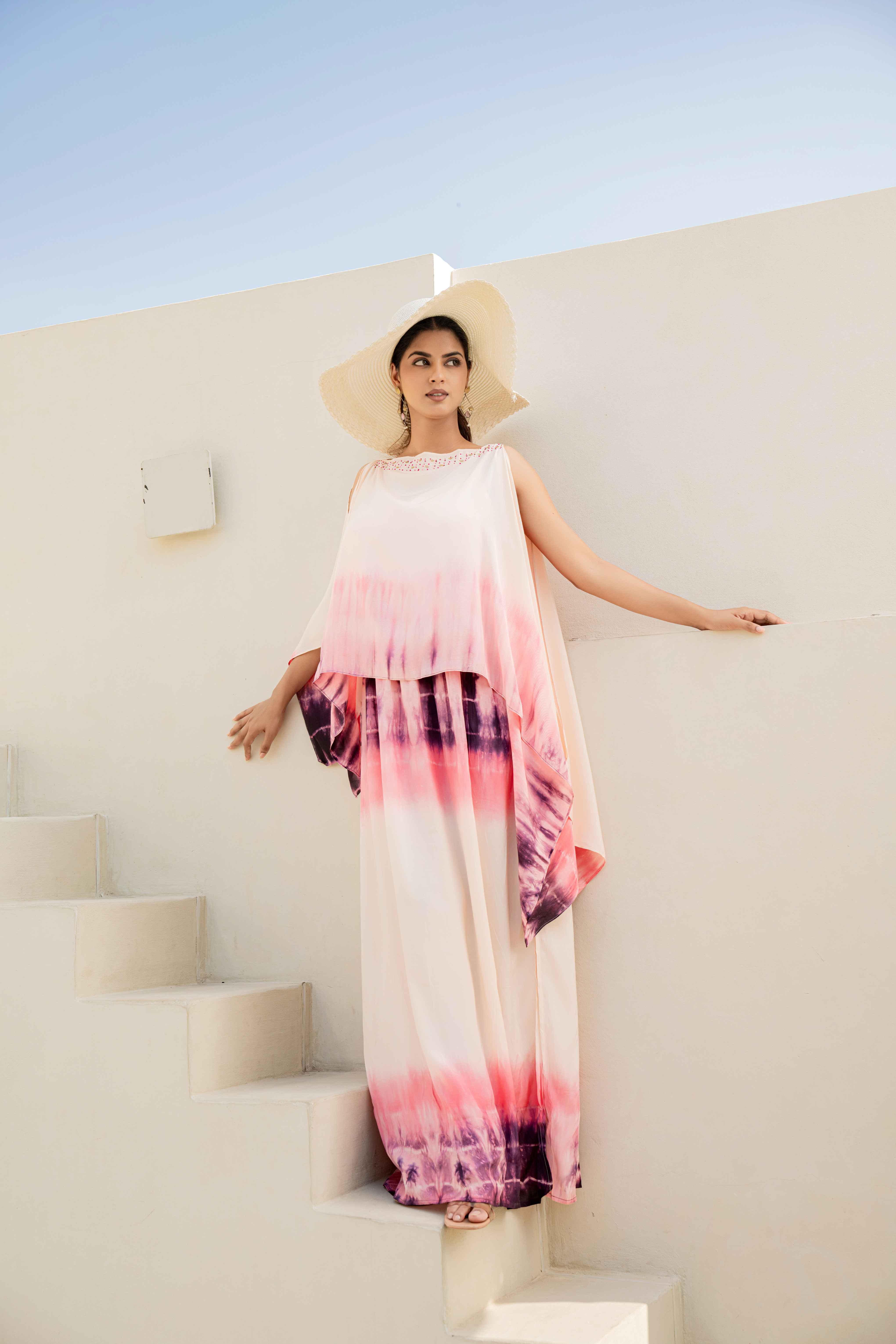 Pink & Purple Ombre Tie-Dye Kaftan Dress with Embellished Neckline top and bottom view