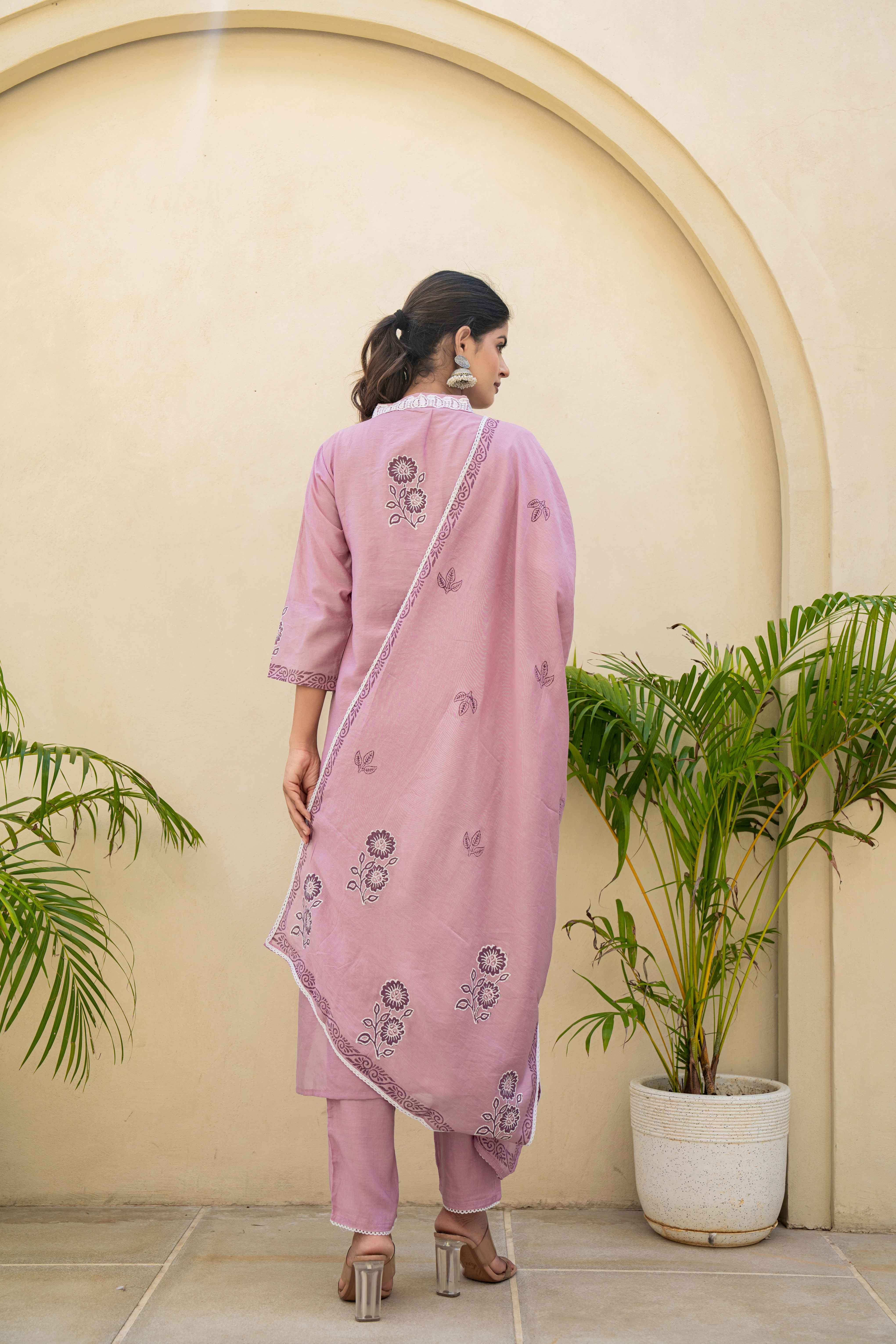 Lavender Embroidered Kurti Set with Dupatta – Ethnic Elegance back view