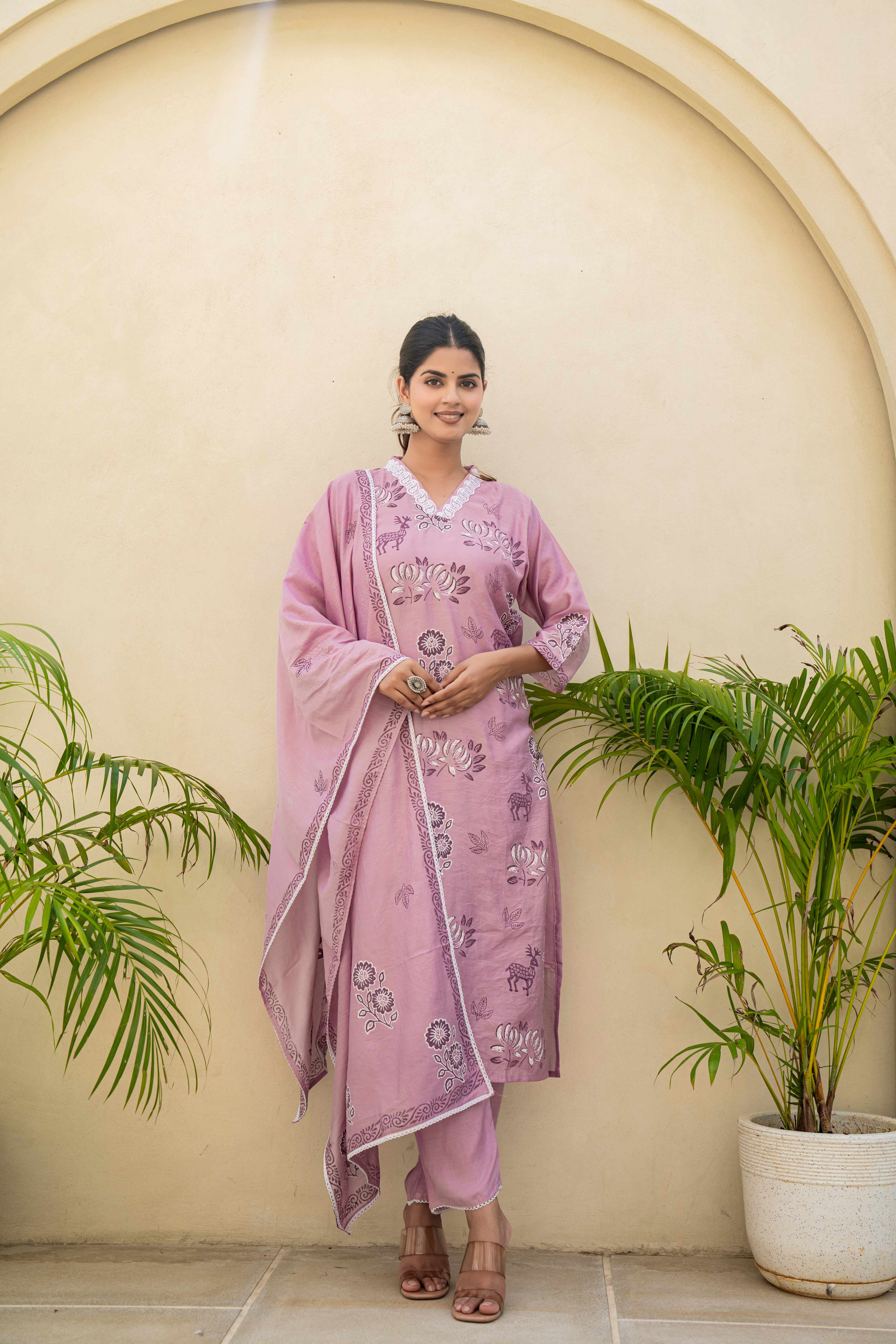 Lavender Embroidered Kurti Set with Dupatta – Ethnic Elegance front view