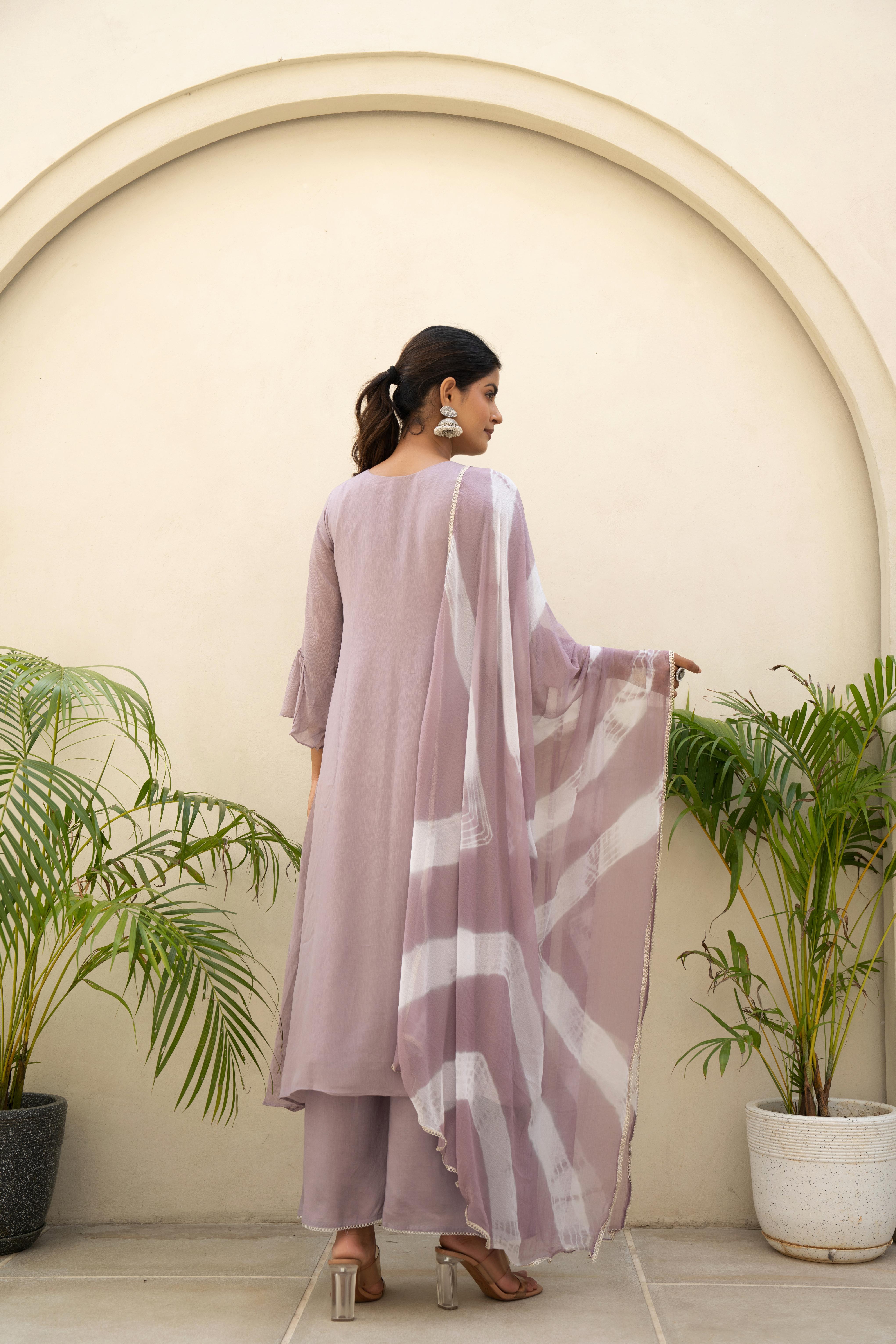 Lavender Embroidered A line Kurti Set with Dupatta | Elegant Ethnic Wear – House of Olivia back view