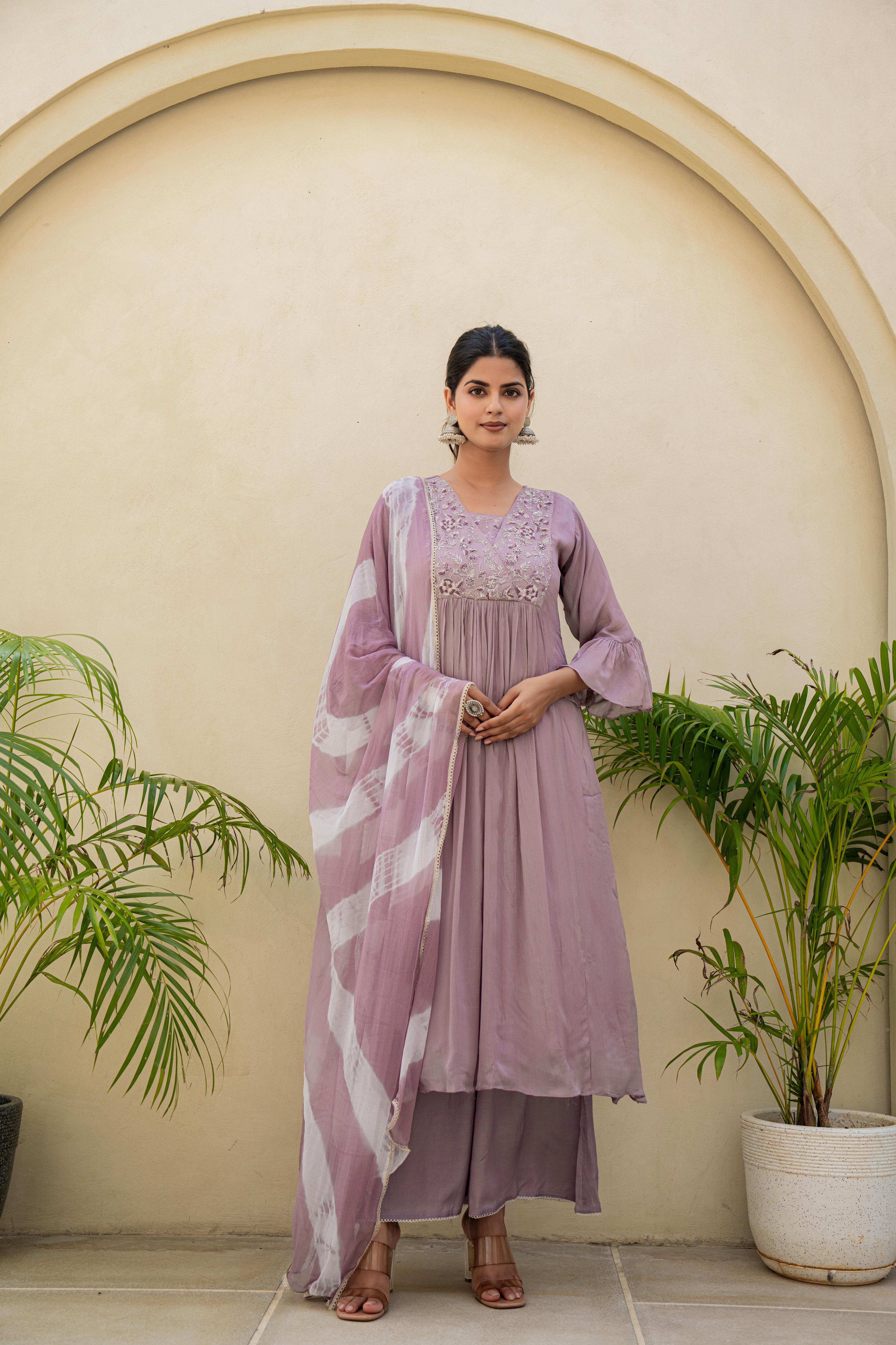 Lavender Embroidered A line Kurti Set with Dupatta | Elegant Ethnic Wear – House of Olivia front view