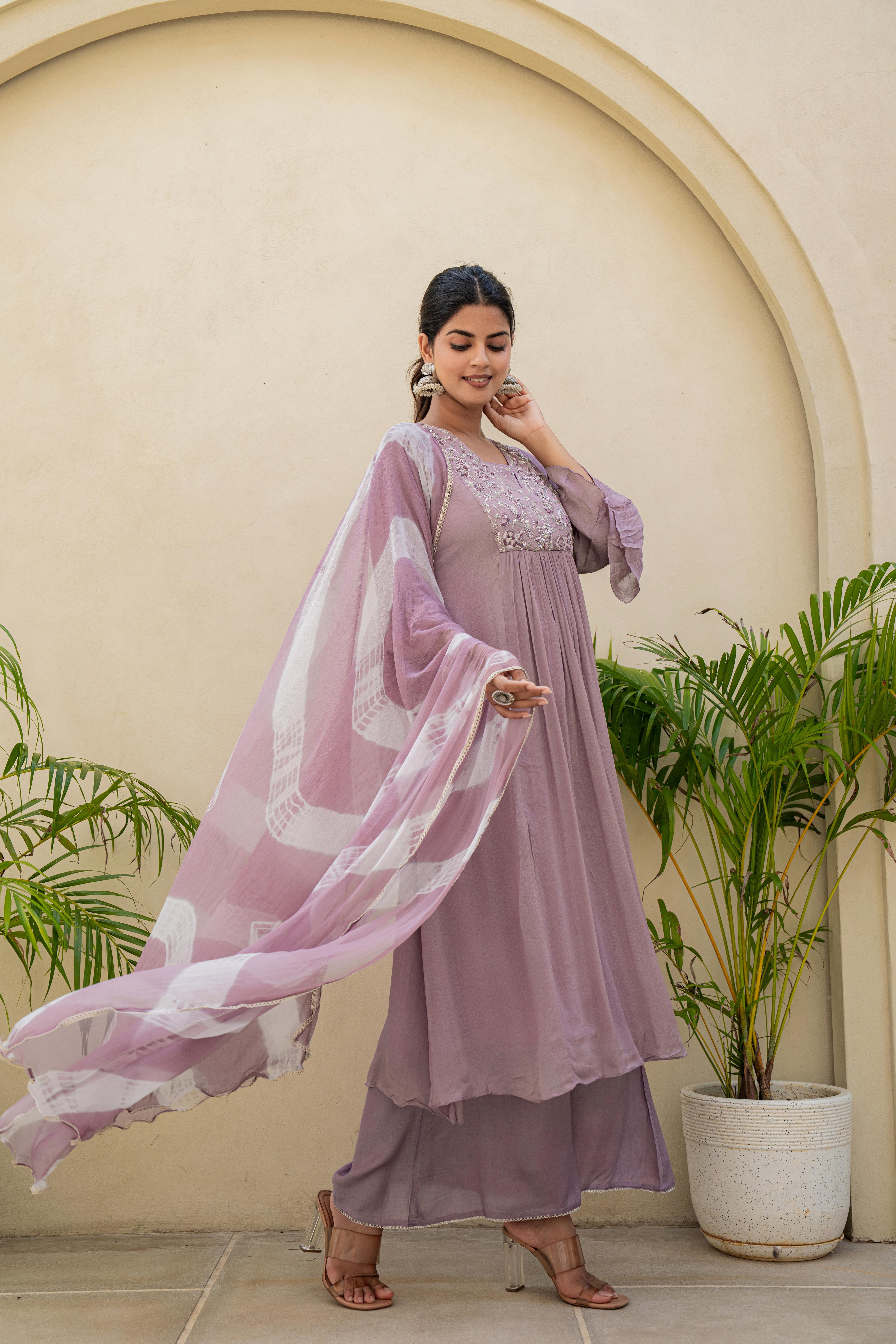Lavender Embroidered A line Kurti Set with Dupatta | Elegant Ethnic Wear – House of Olivia side view