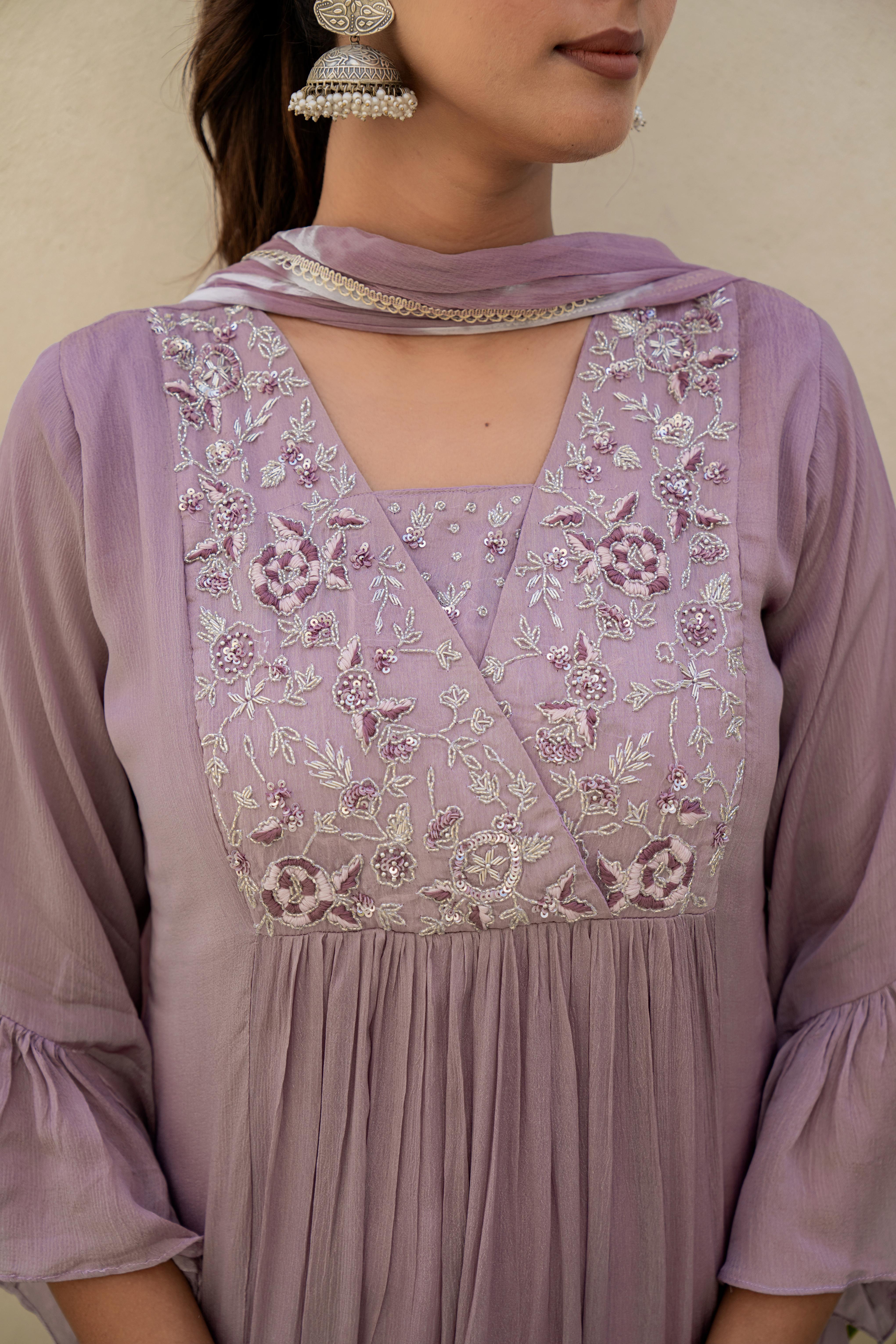 Lavender Embroidered A line Kurti Set with Dupatta | Elegant Ethnic Wear – House of Olivia neck yoke view