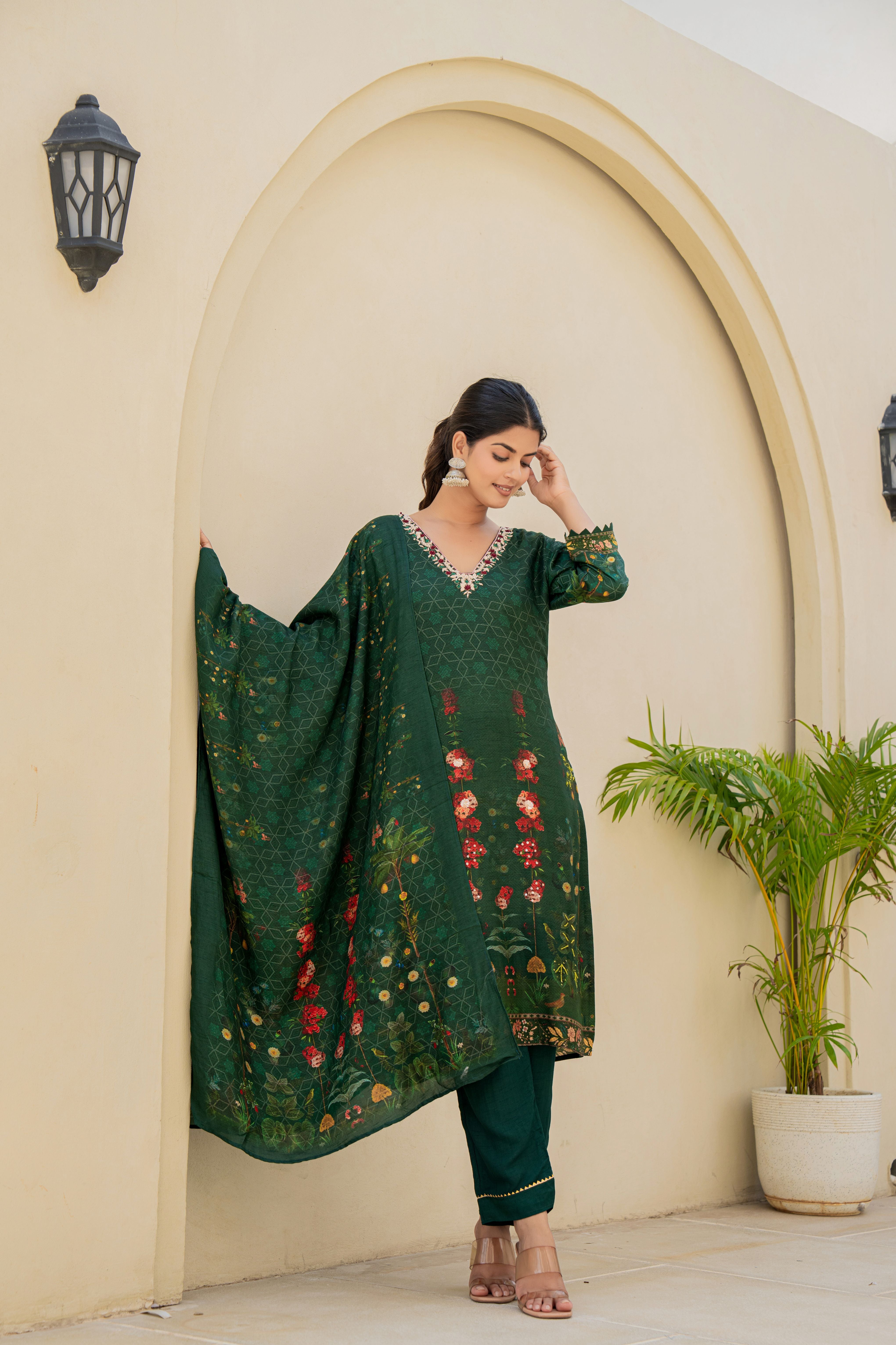 Emerald Green Floral Embroidered Kurti Set with Dupatta front view