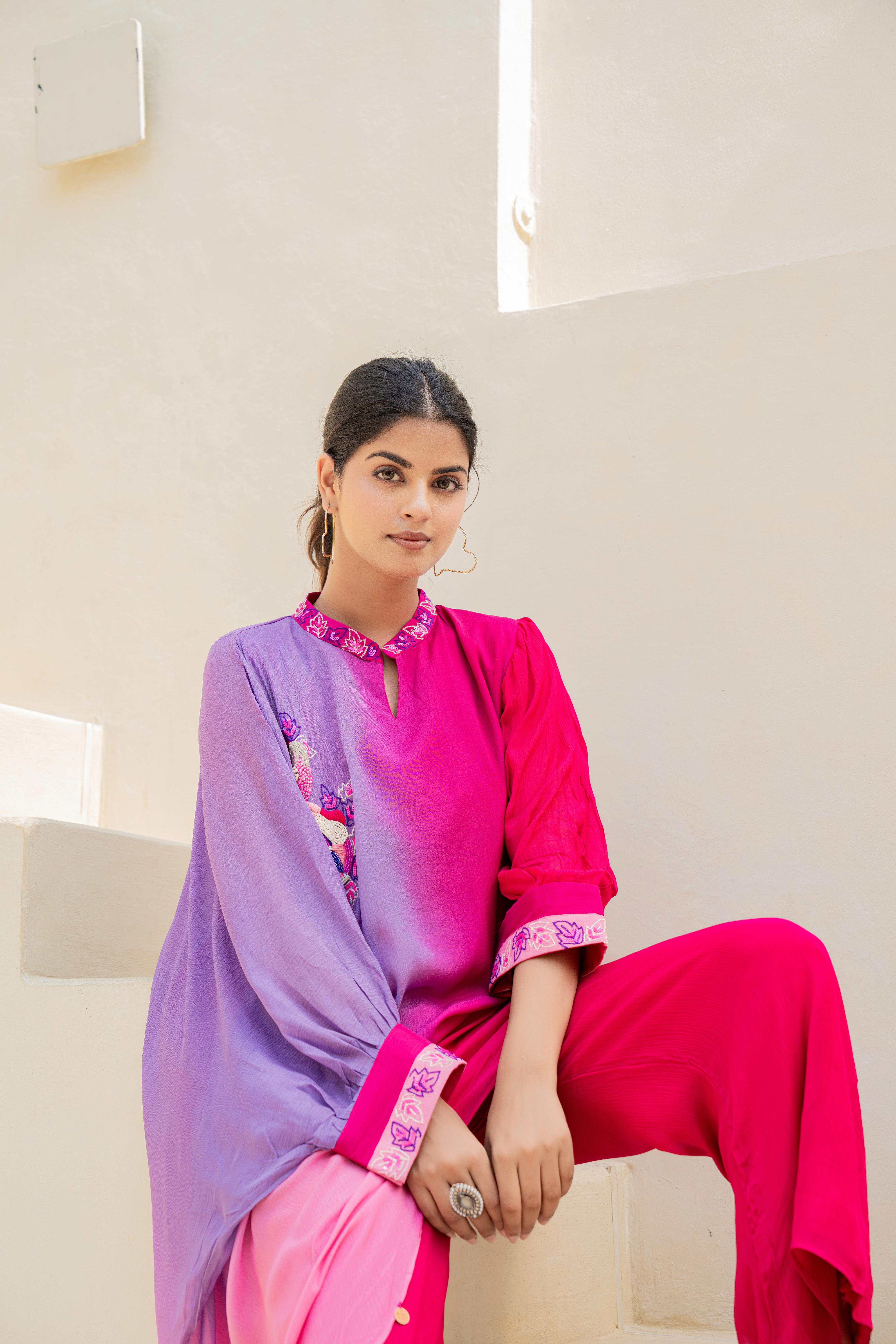 Pink & Purple Ombre Indo-Western Co-ord Set with Embroidered Detailing | House of Olivia sitting vew
