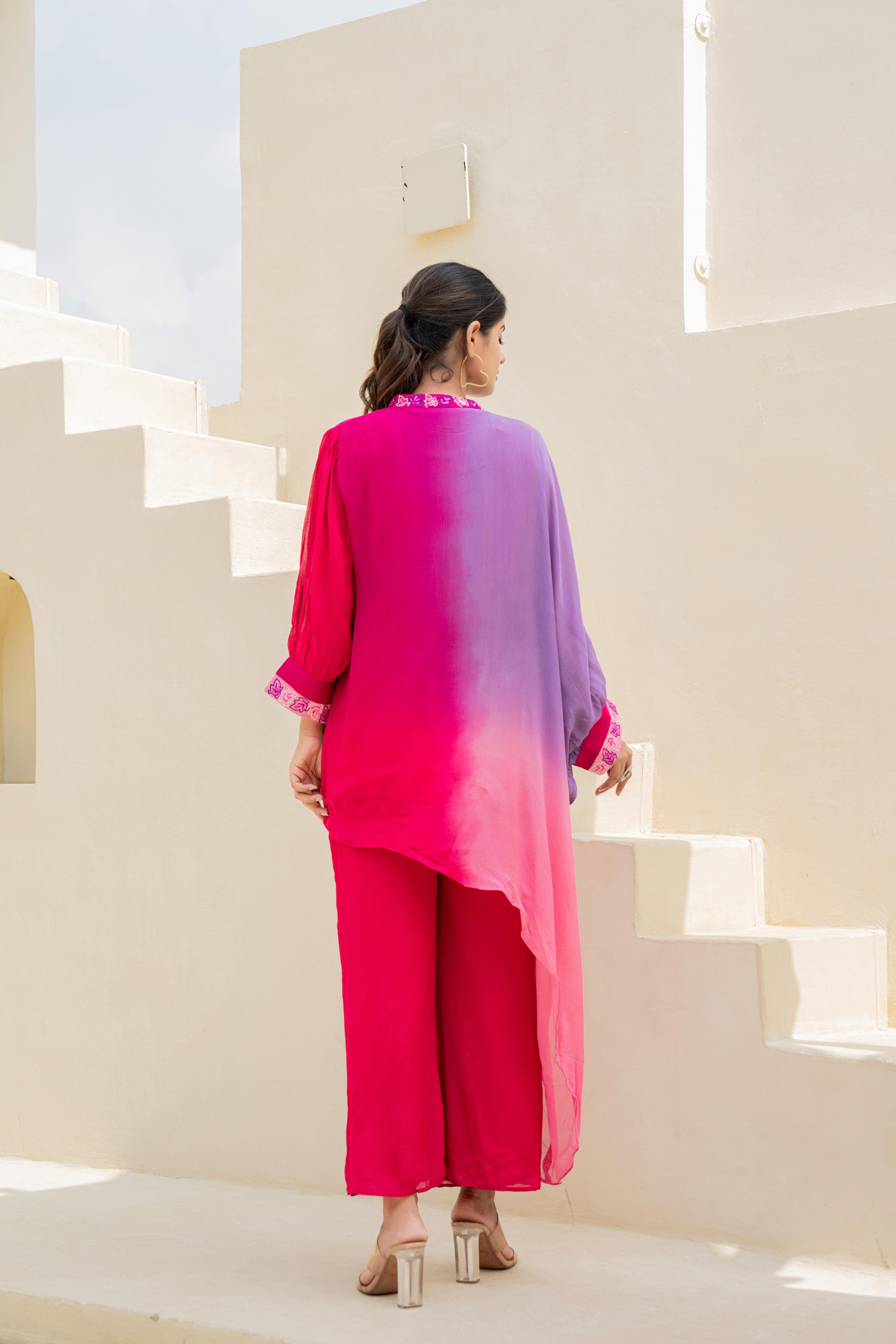Pink & Purple Ombre Indo-Western Co-ord Set with Embroidered Detailing | House of Olivia