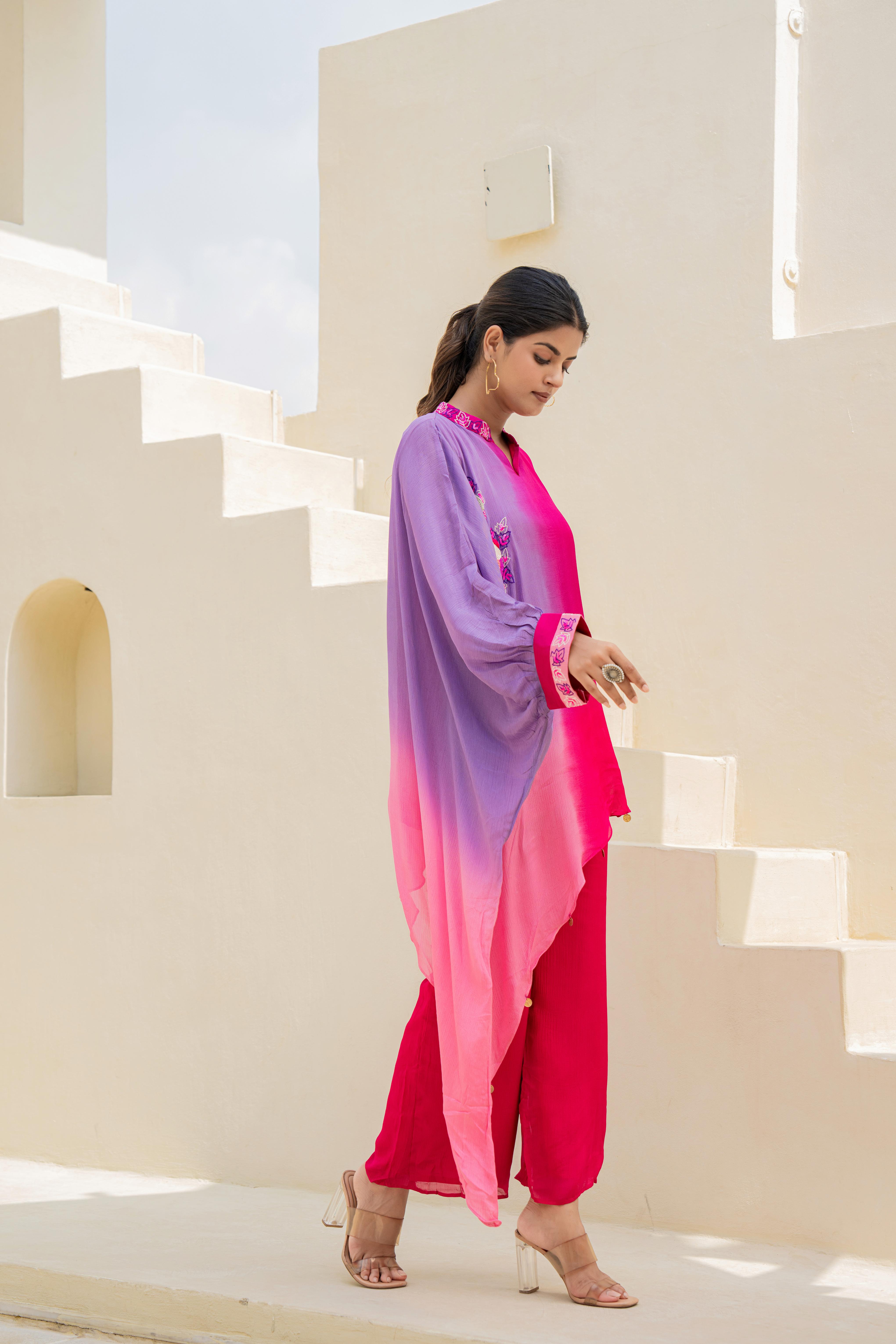 Pink & Purple Ombre Indo-Western Co-ord Set with Embroidered Detailing | House of Olivia side view