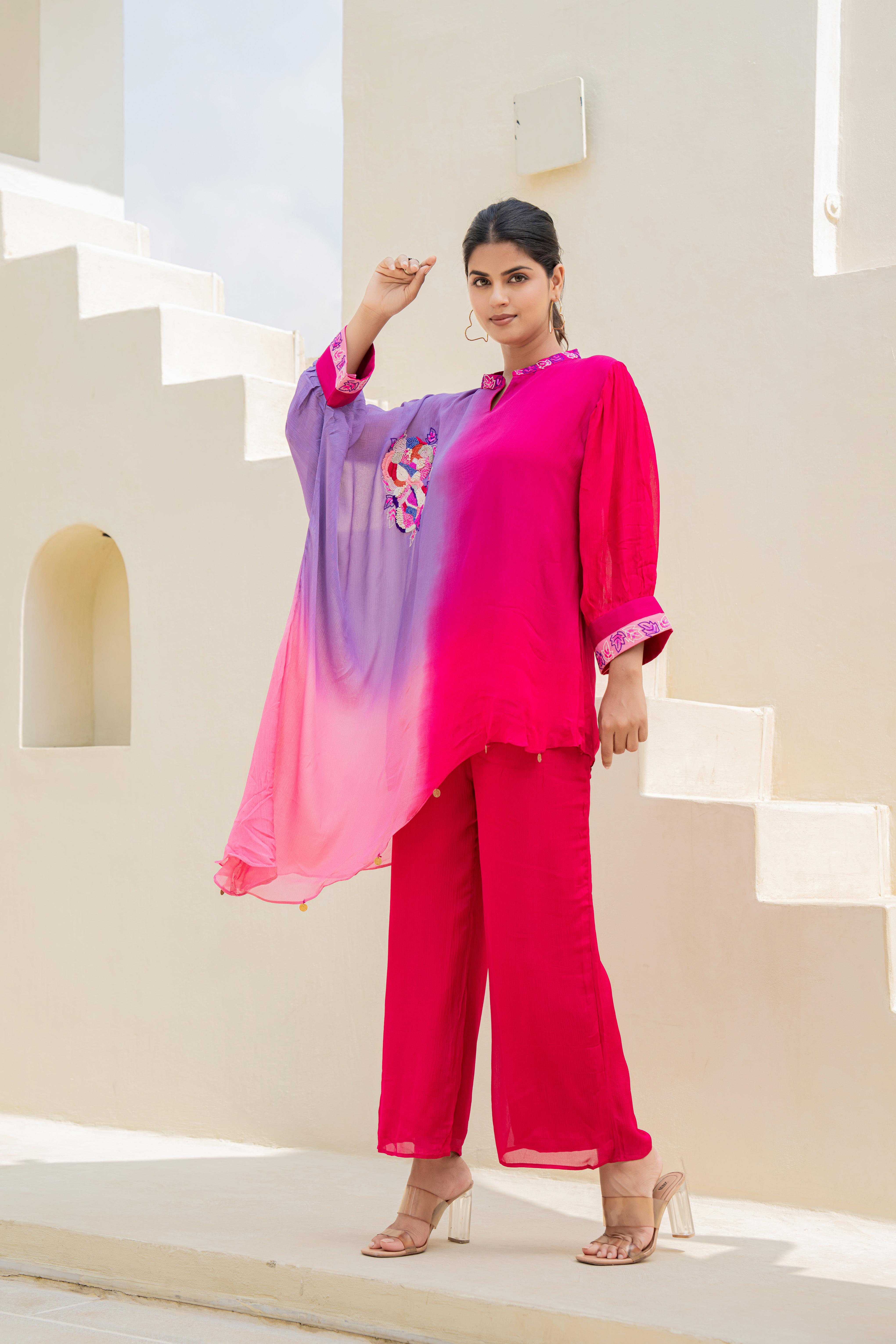 Pink & Purple Ombre Indo-Western Co-ord Set with Embroidered Detailing | House of Olivia front view