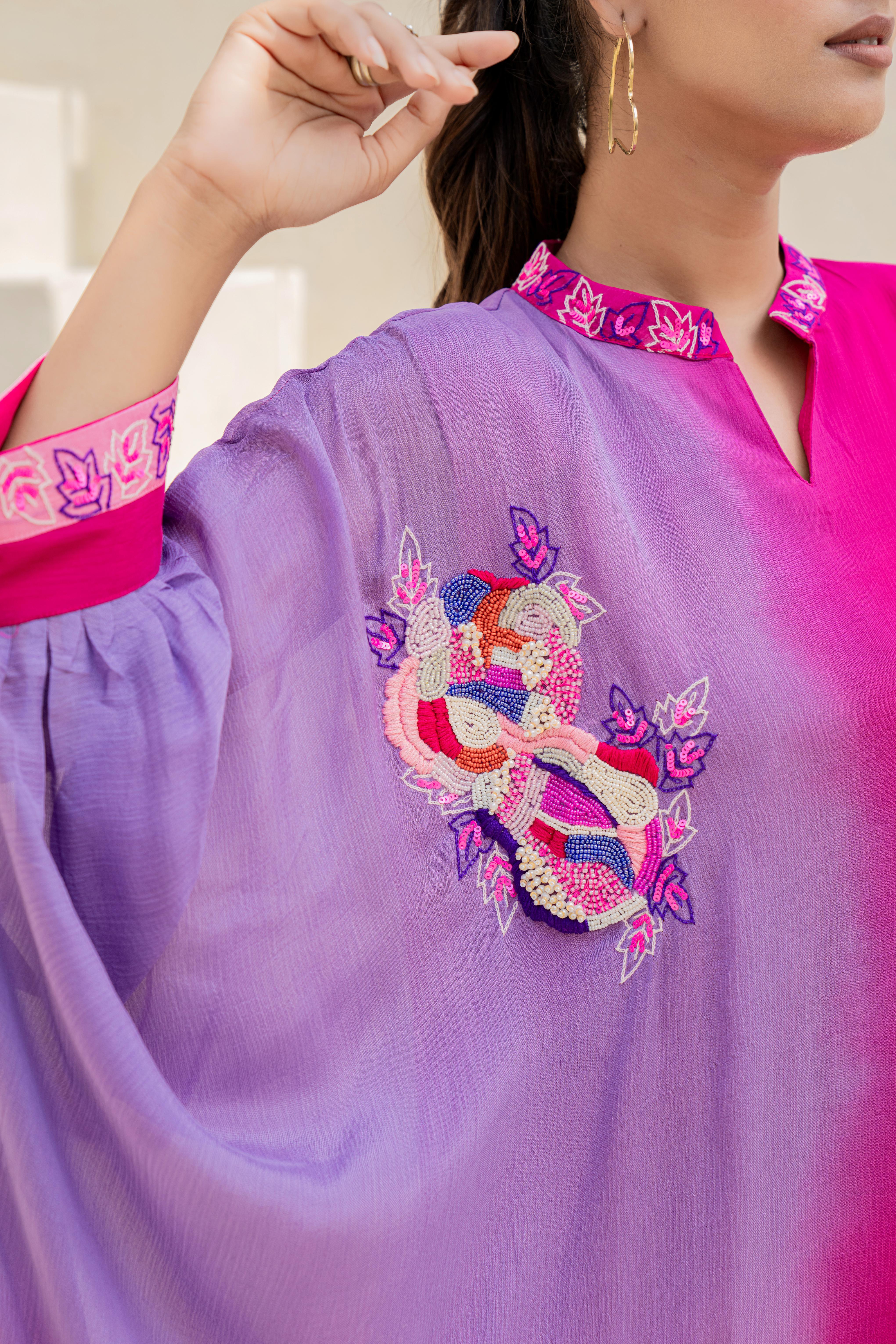 Pink & Purple Ombre Indo-Western Co-ord Set with Embroidered Detailing | House of Olivia embroidery view