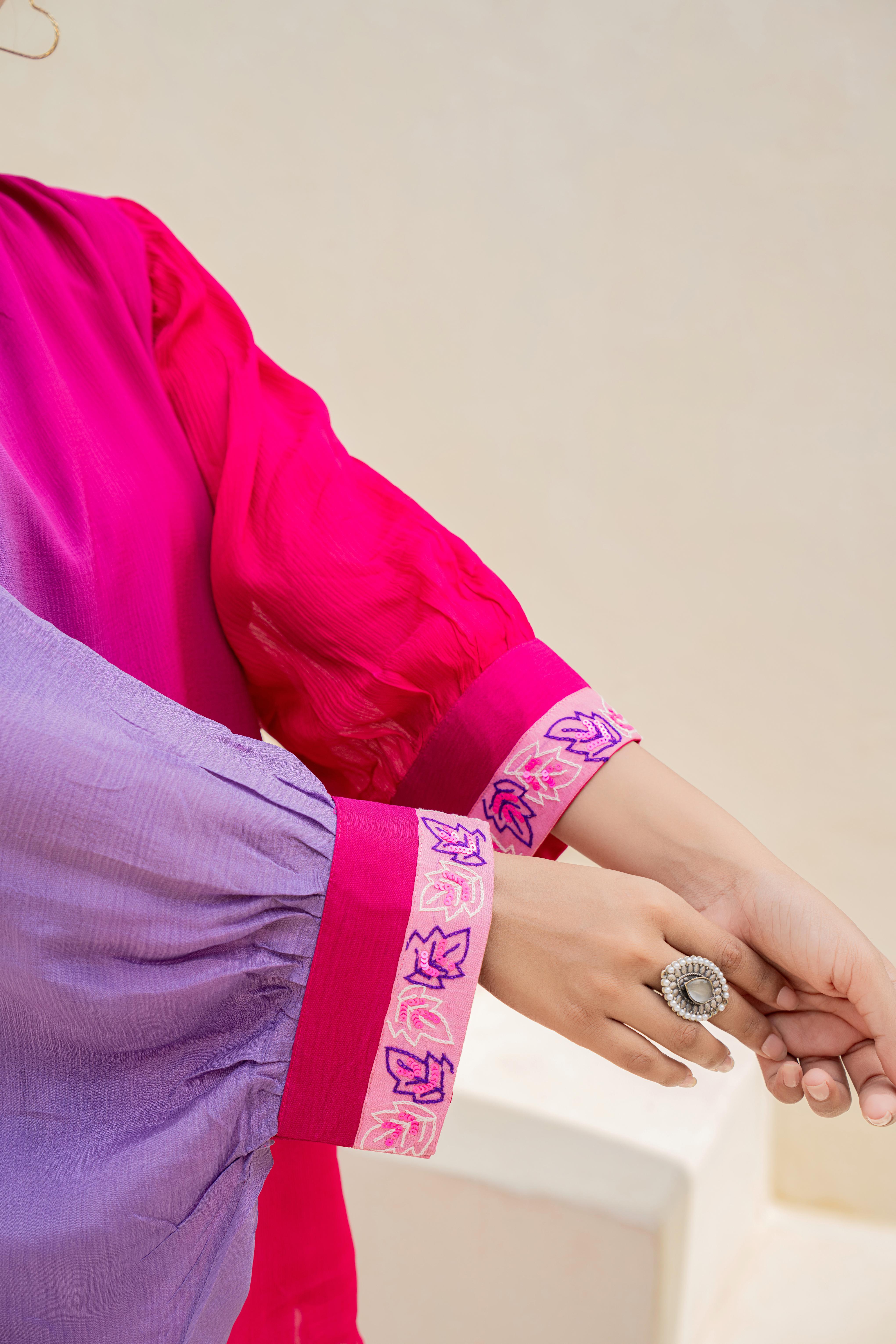 Pink & Purple Ombre Indo-Western Co-ord Set with Embroidered Detailing | House of Olivia sleeve view