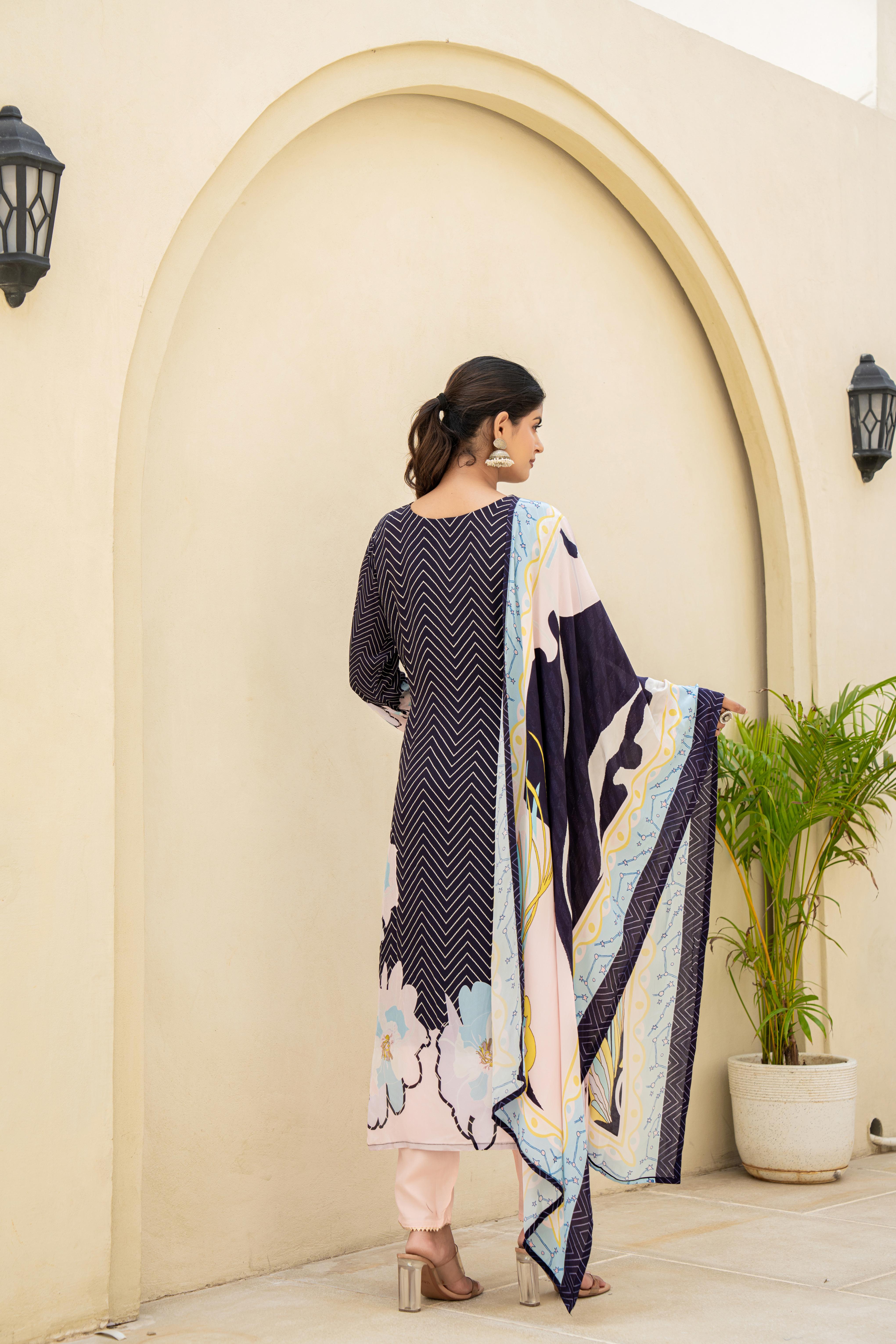 Navy Blue Printed Kurti Set with Contrasting Dupatta back view